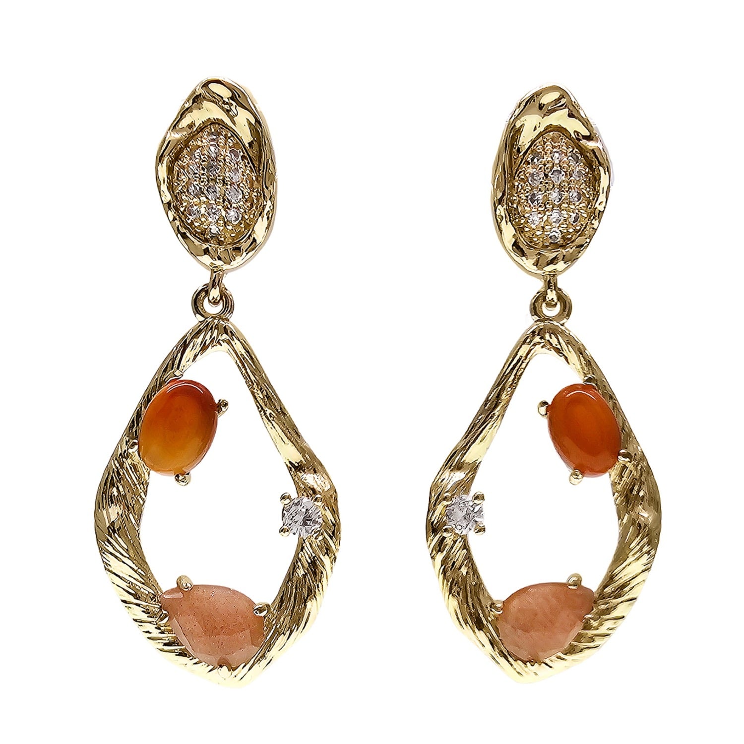 Farra Women's Yellow / Orange Red Hue Agate Frame Dangle Statement Earrings In Orange