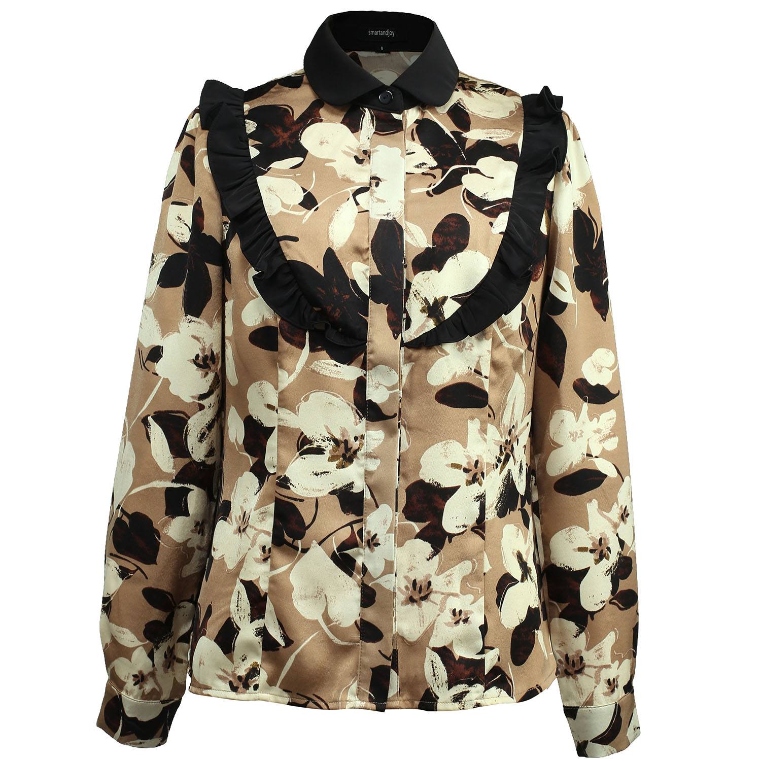 Smart And Joy Women's Brown Ruffle Macro Flower Print Shirt - Beige In Black