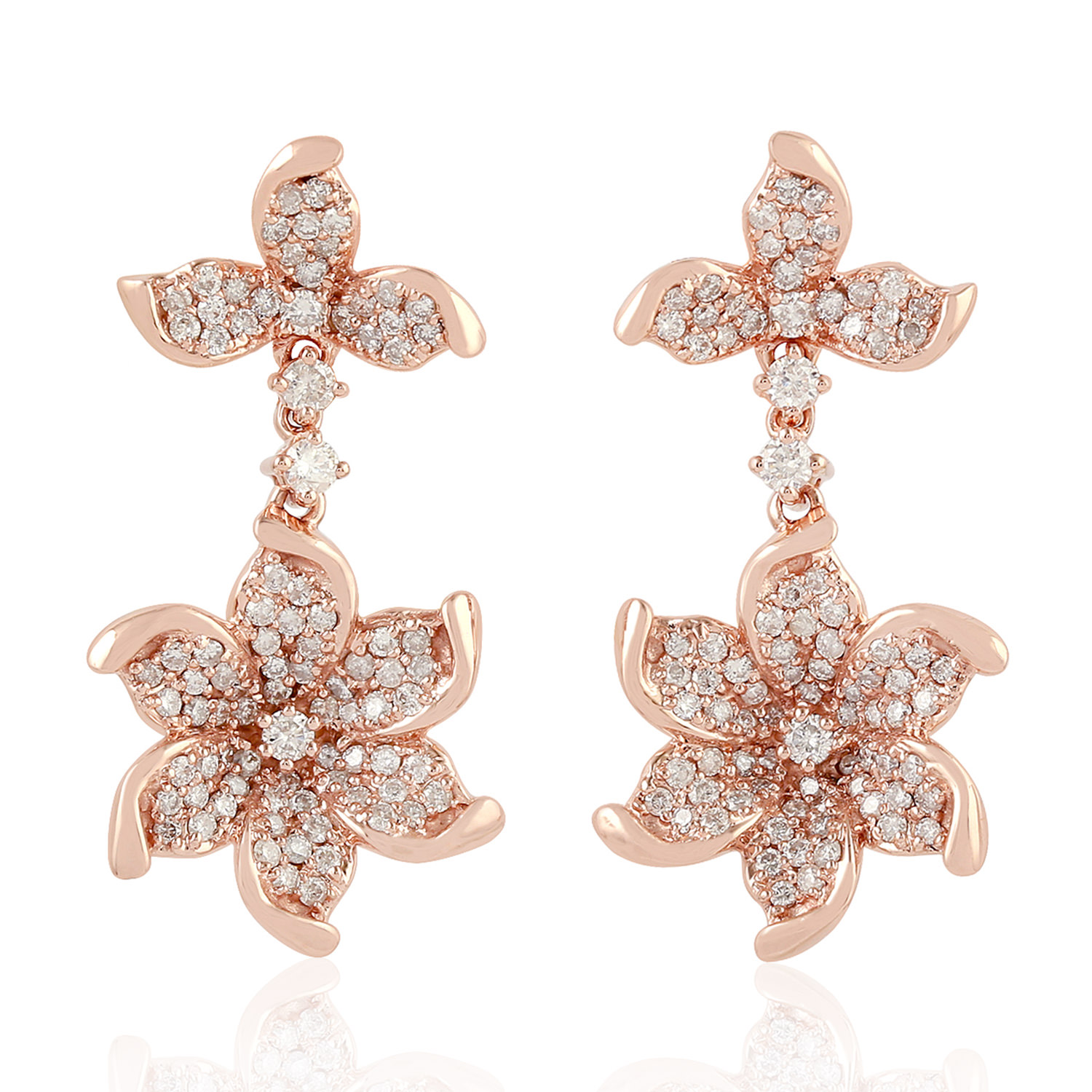 Women’s White / Rose Gold Natural Diamond Floral Dangle Earrings 18K Rose Gold Artisan