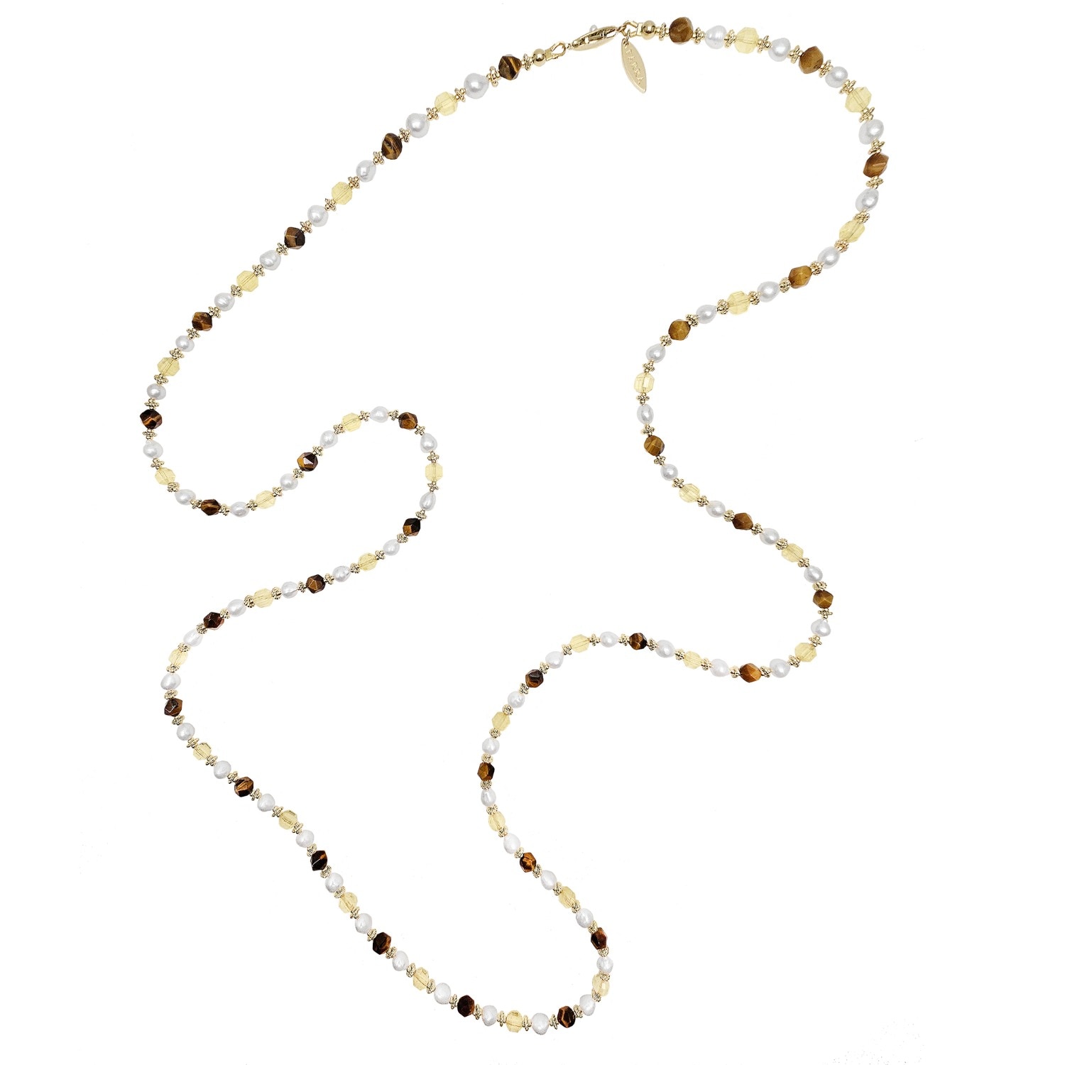 Farra Women's Brown Tiger-eye And Yellow Citrine With Freshwater Pearls Long Necklace