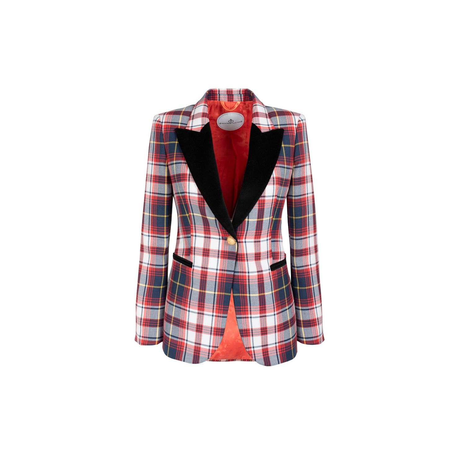 The Extreme Collection Women's Anabel Fitted Red Plaid Blazer With Black Velvet Lapels And Golden Buttons