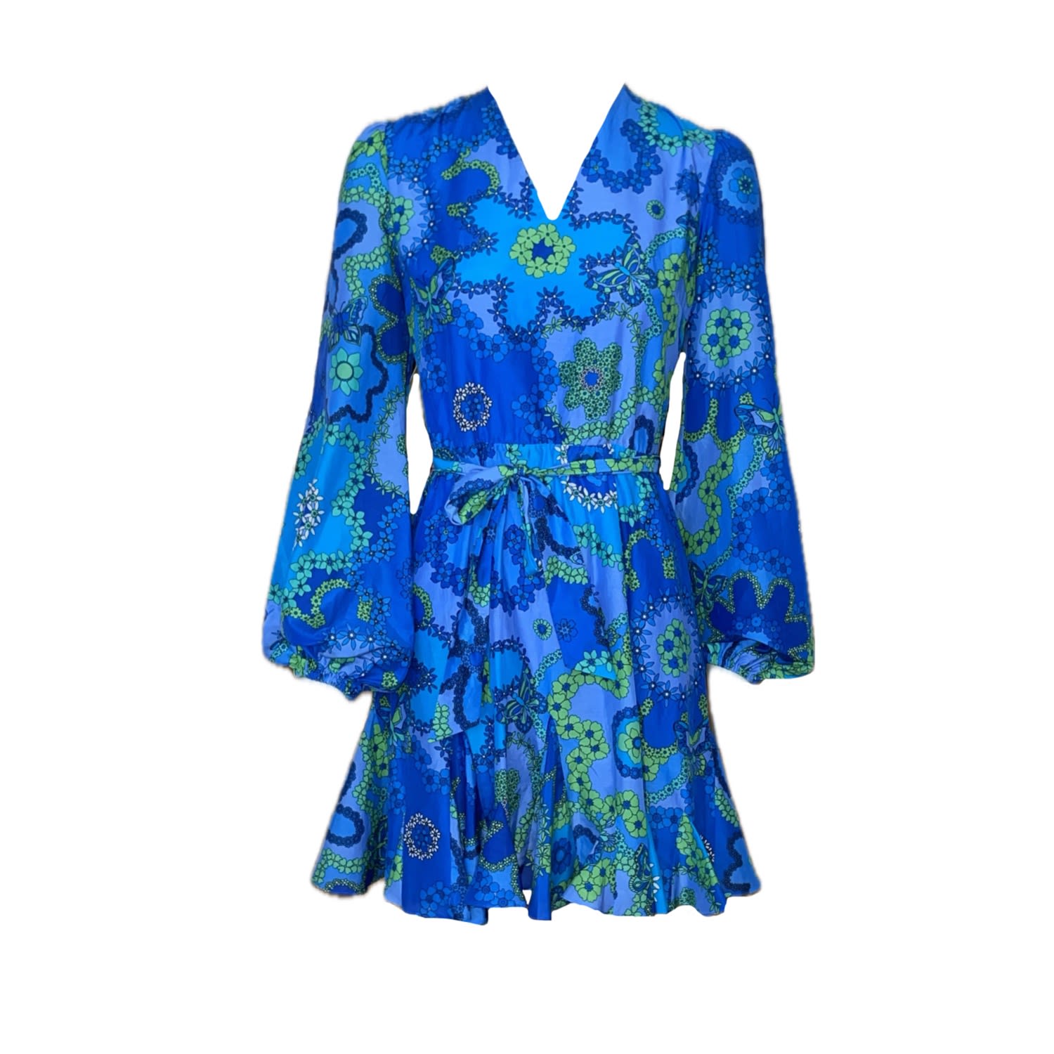 Introvertie Vienna Women's Blue Soho Mini Silk Cotton Balloon Sleeve Dress - Azure Bloom In Blue