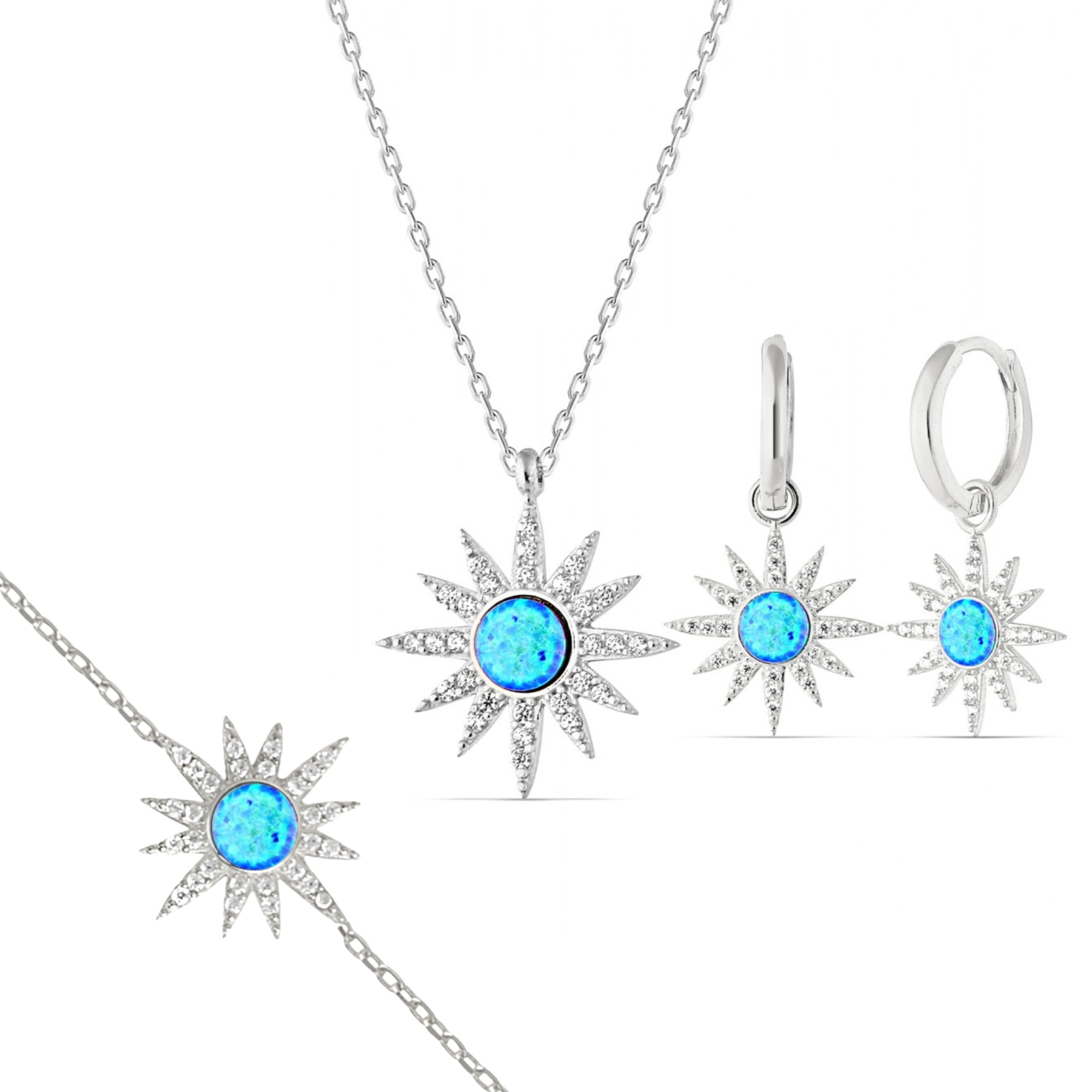 Spero London Women's Blue Opal Sun Sterling Silver Necklace Earring & Bracelet Set  - Silver In Metallic