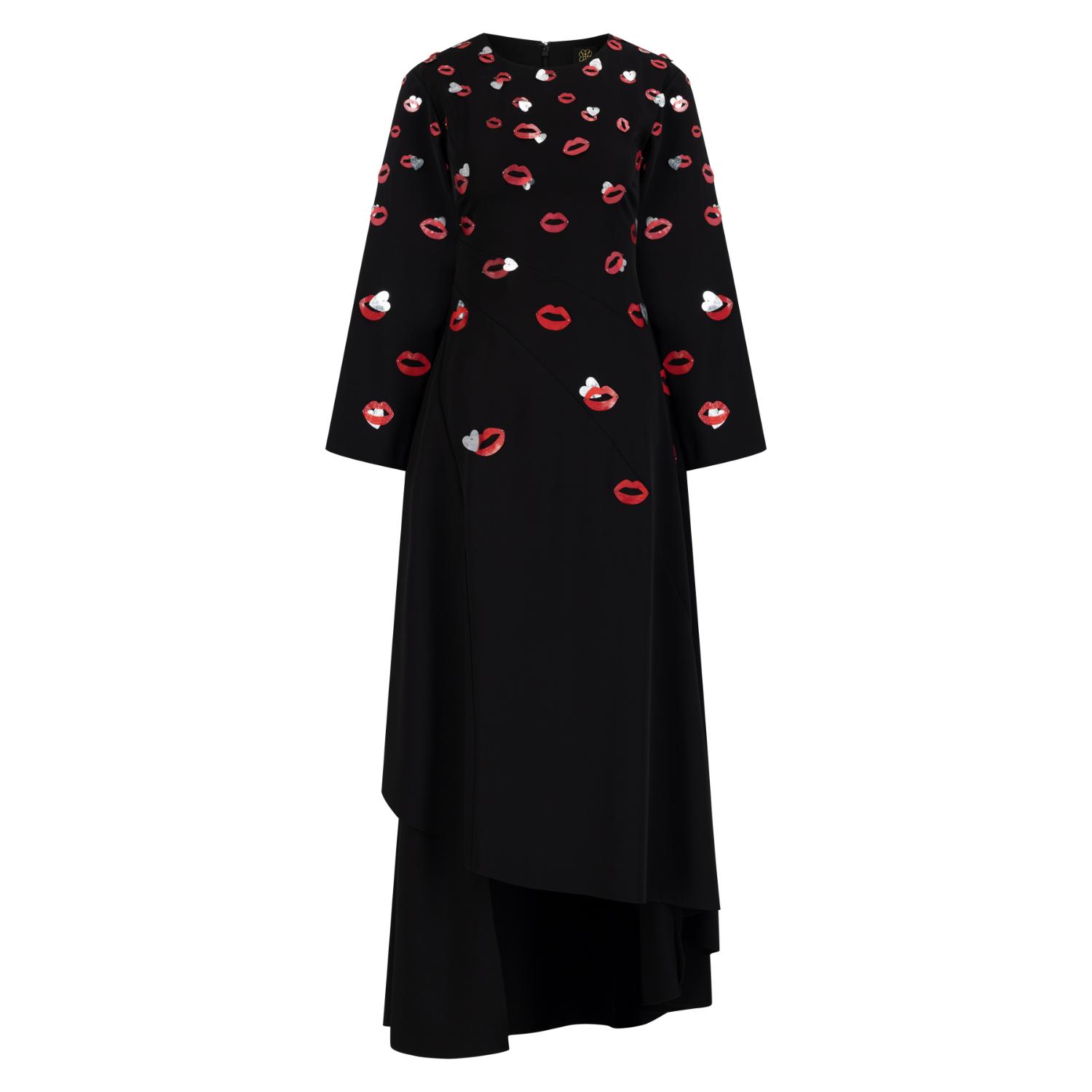 Azzalia Women's Black Long Sleeve Crepe Flowy Maxi Dress With Scattered Embroidery In Lips And Heart Motifs- In Black