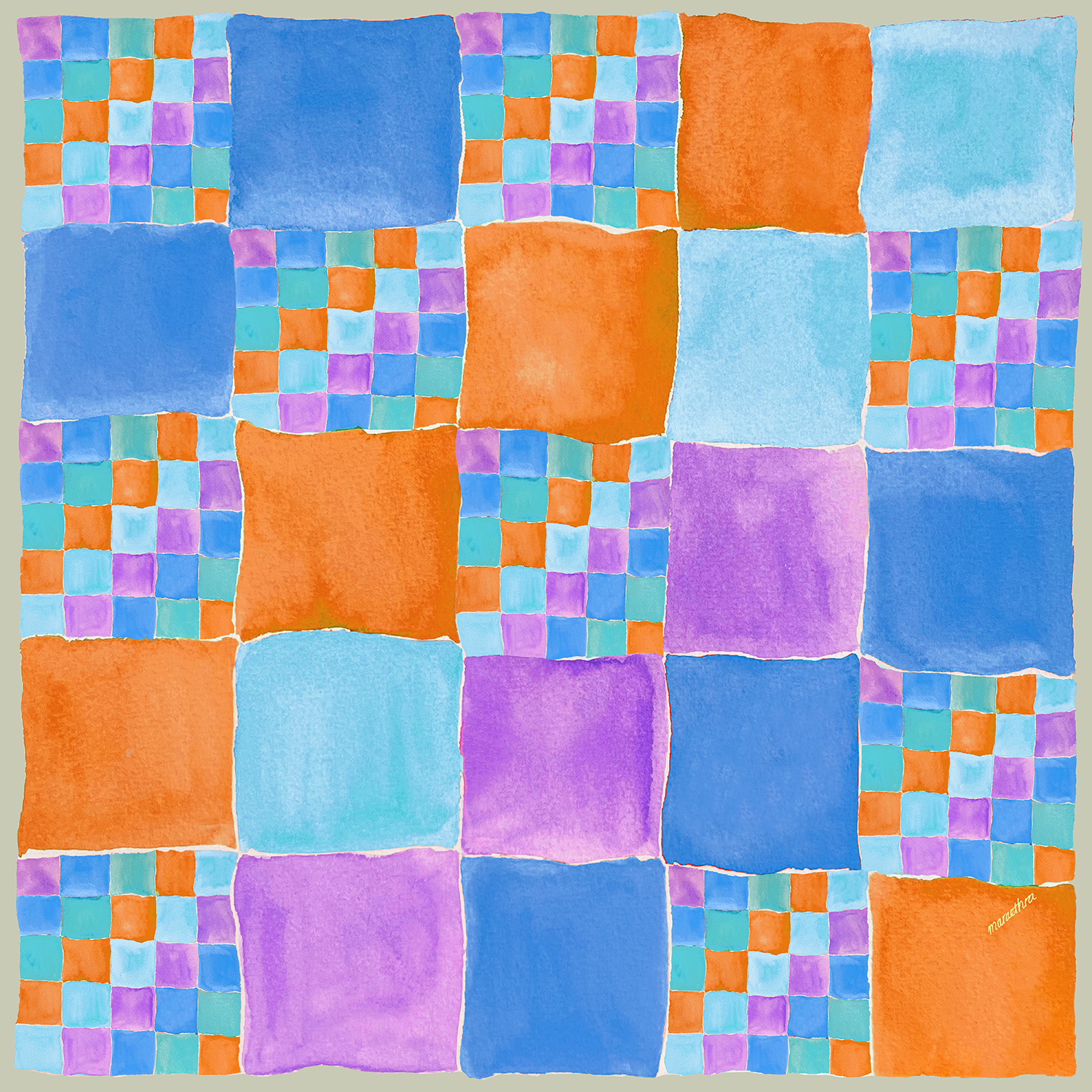 Maraethra Women's Ascending Grid Cotton Square Scarf Blue Orange