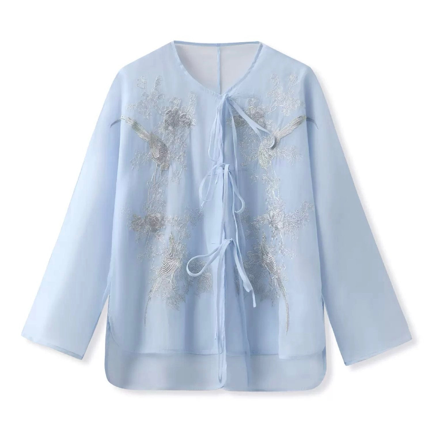 Jiaying Wang Wjy Studio London Women's Embroidered Light Blue Solid Tie Floral Cardigan In Blue