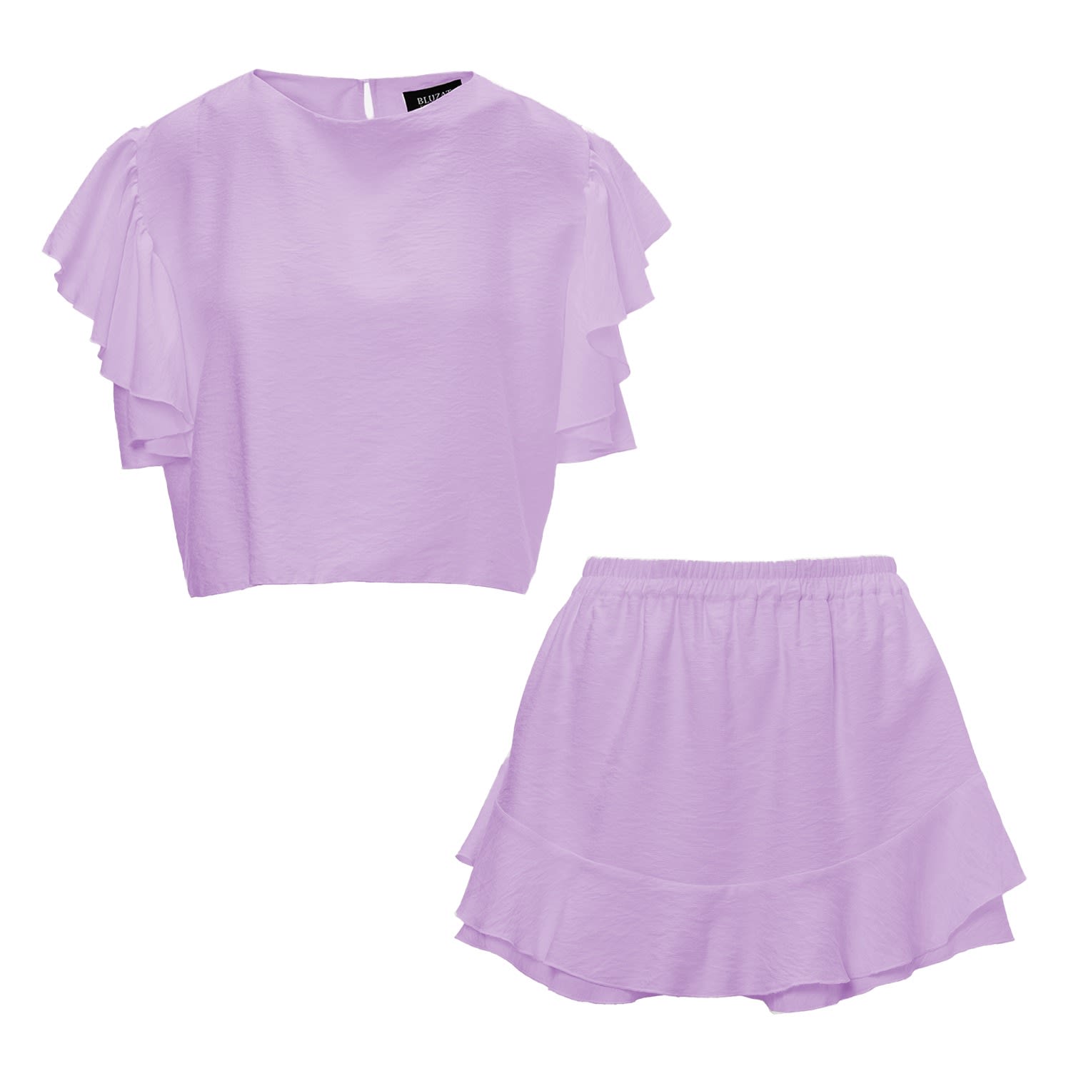 Pink / Purple Lilac Set With Ruffled T-Shirt And Pants With Skirt Small Bluzat