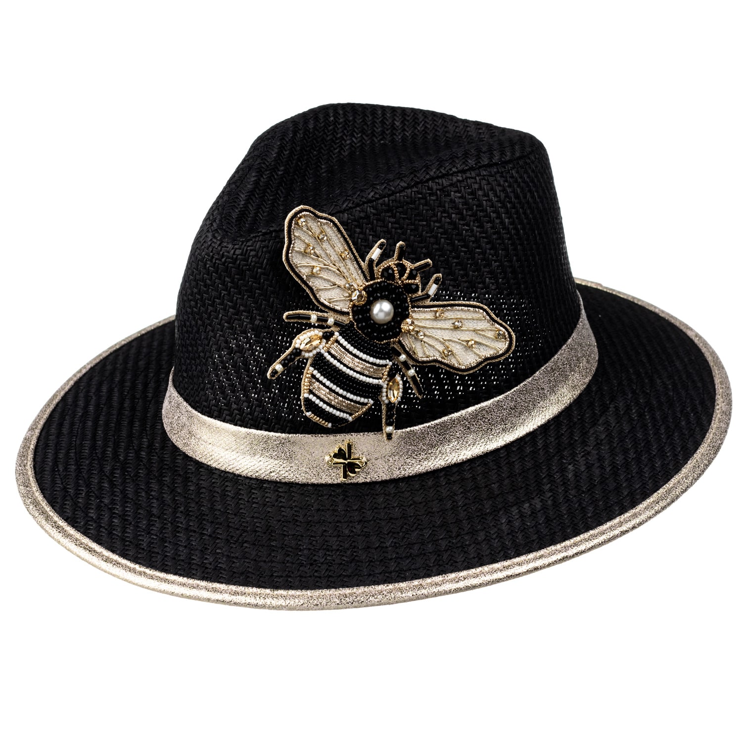 Women’s Straw Woven Hat With Embellished Cream & Gold Bee Brooch - Black One Size Laines London