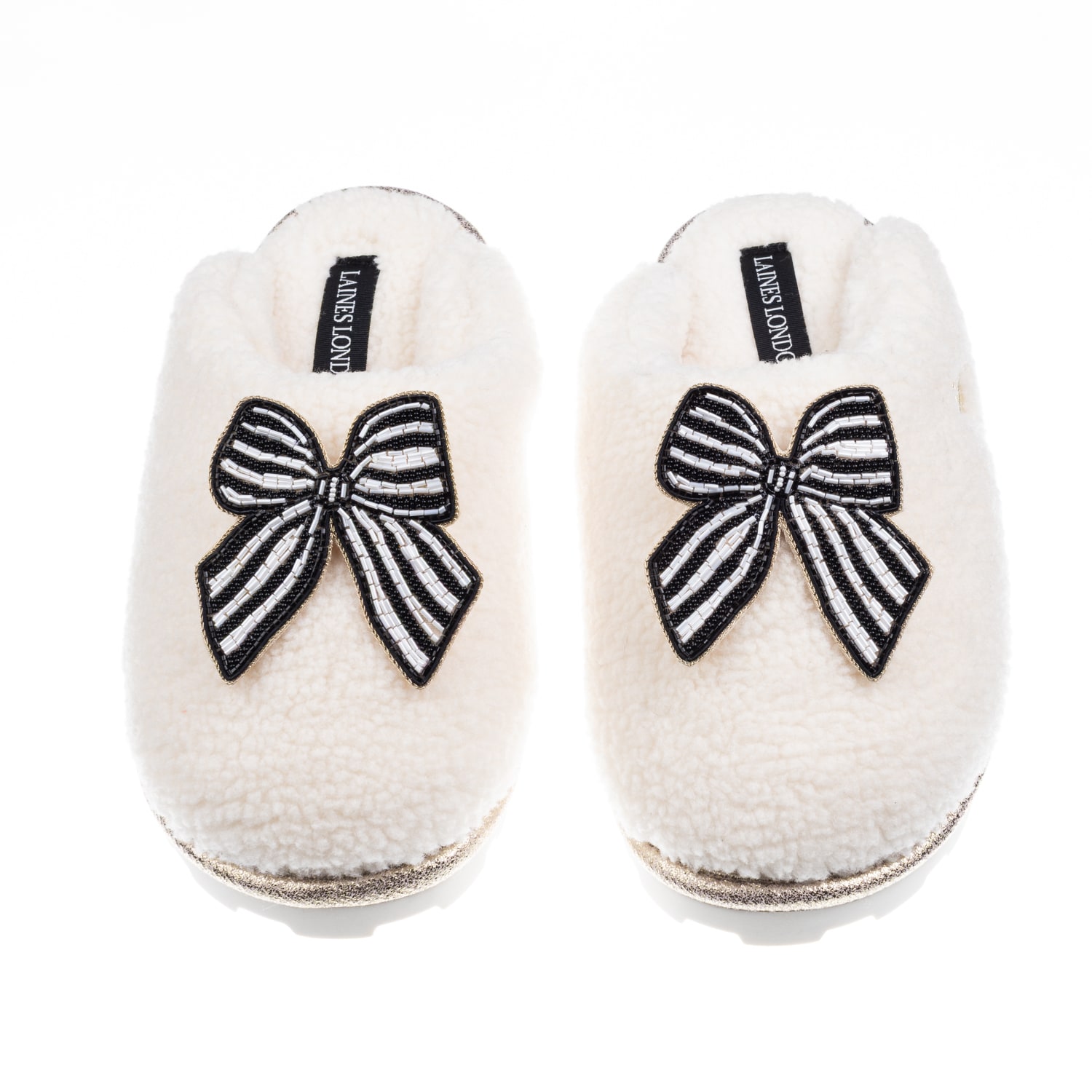 Laines London Women's Neutrals / White Teddy Closed Toe Slippers With Stripe Black Bow Brooches - Cream In White