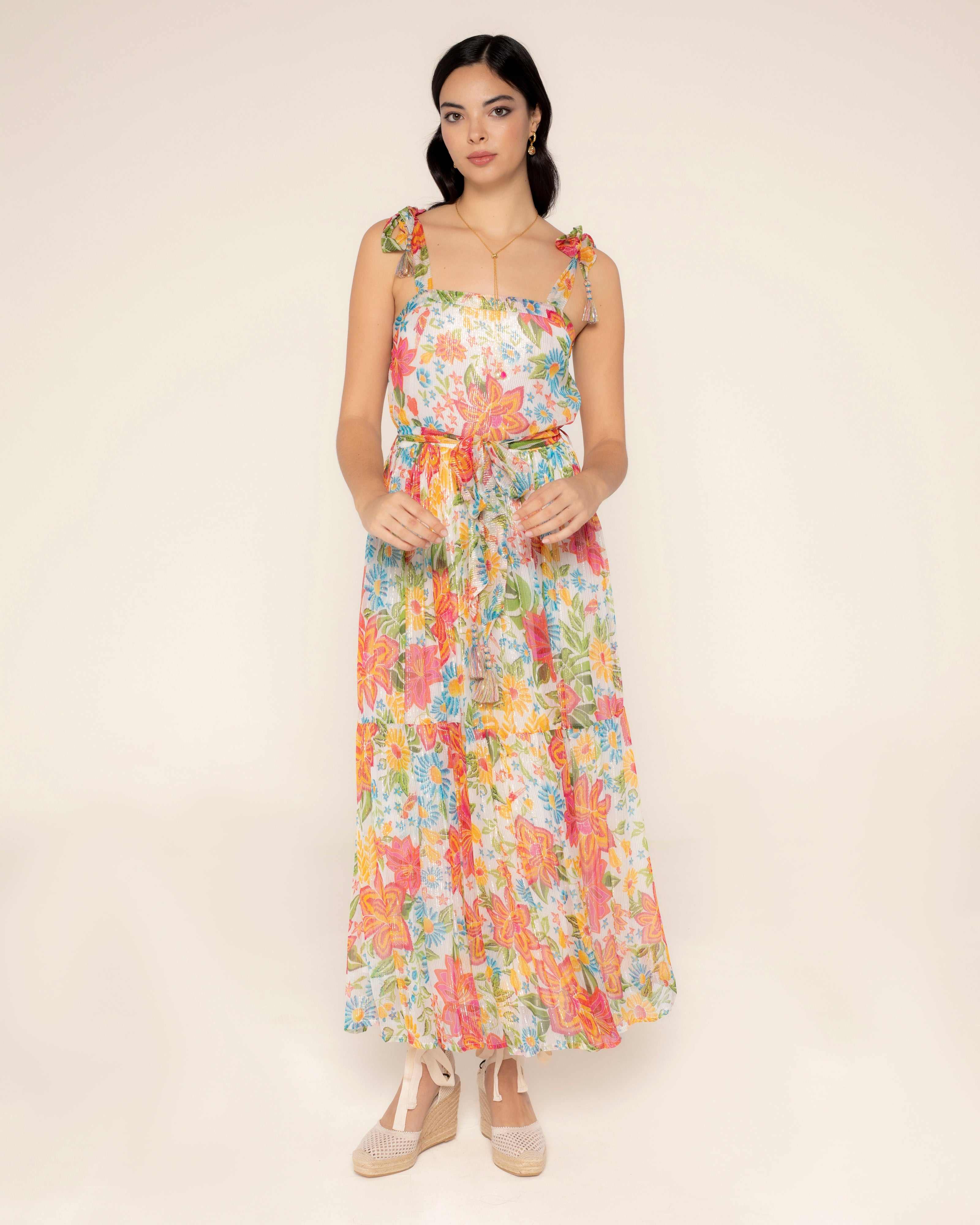 Women's White / Blue / Pink Long Floral Dress Formentera | Extra Large | Niza