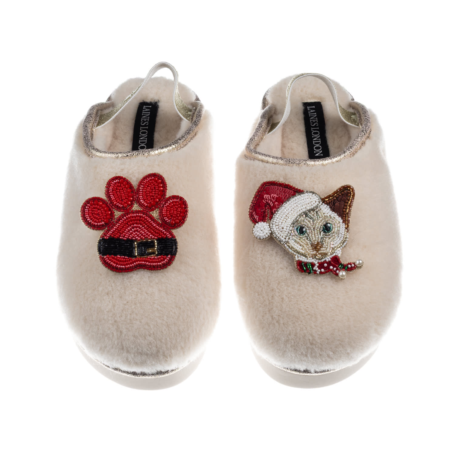 Laines London Women's Gold / Neutrals / White Flatform Cloud Slippers With Christmas White Siamese Cat & Paw Brooc In Black