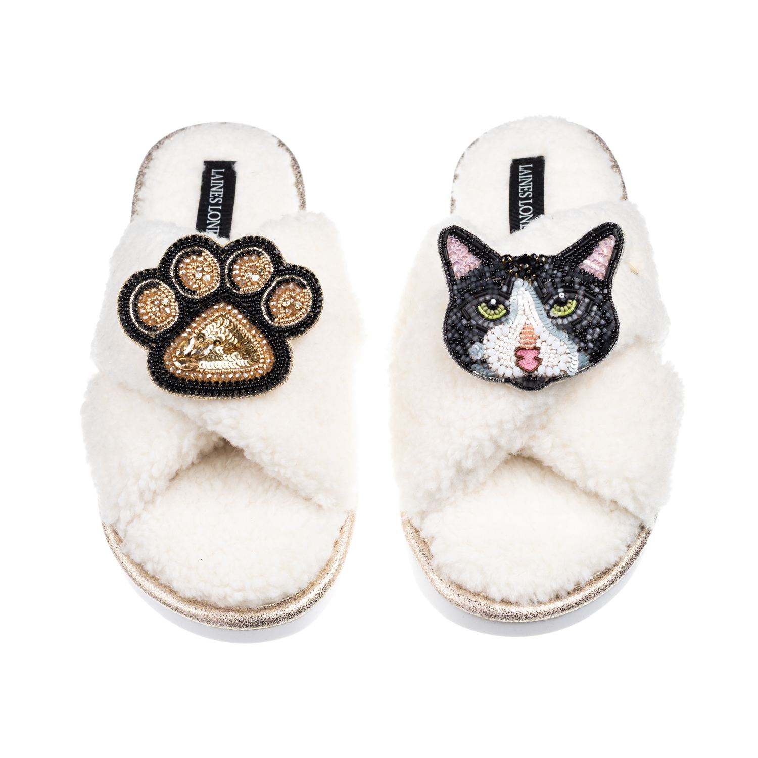 Laines London Women's Neutrals / White Laines Netural Boucle Slippers With Black & White Cat & Paw Brooches - Crea
