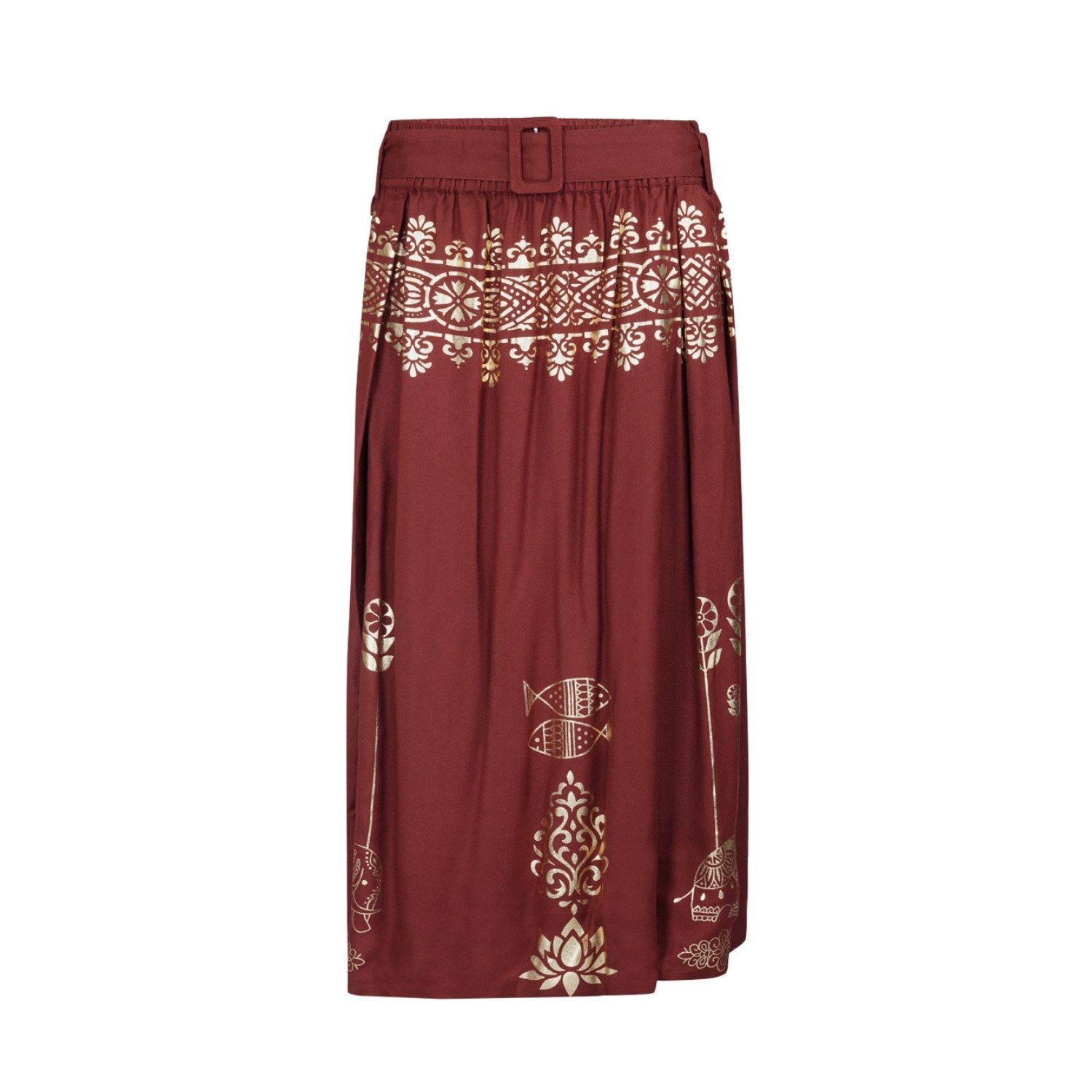 Nesavaali Women's Brown Artisanal Fired Brick Metallic Gold Midi Skirt In Brown