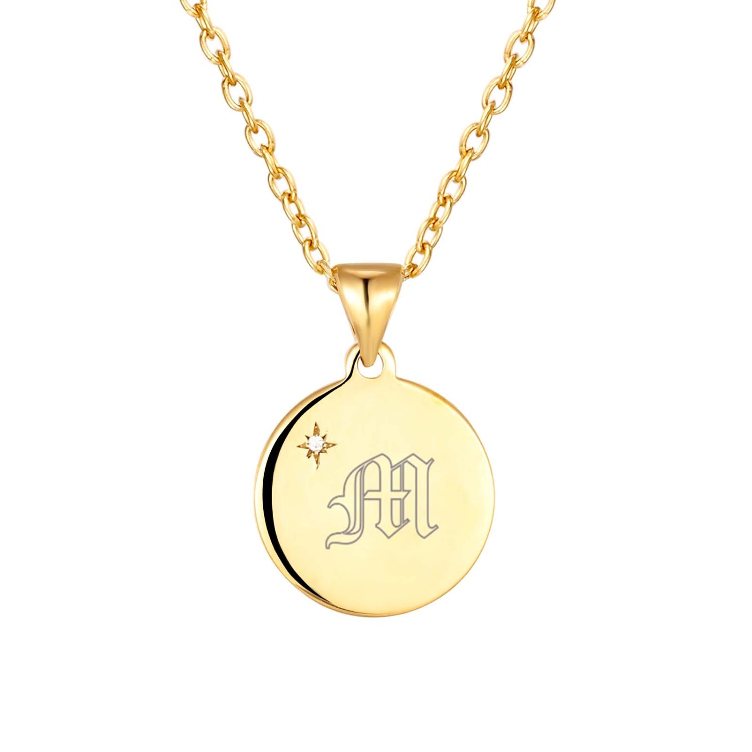 Women’s 22Ct Gold Vermeil Engravable Circle Cz Pendant - Old English Font Seol + Gold