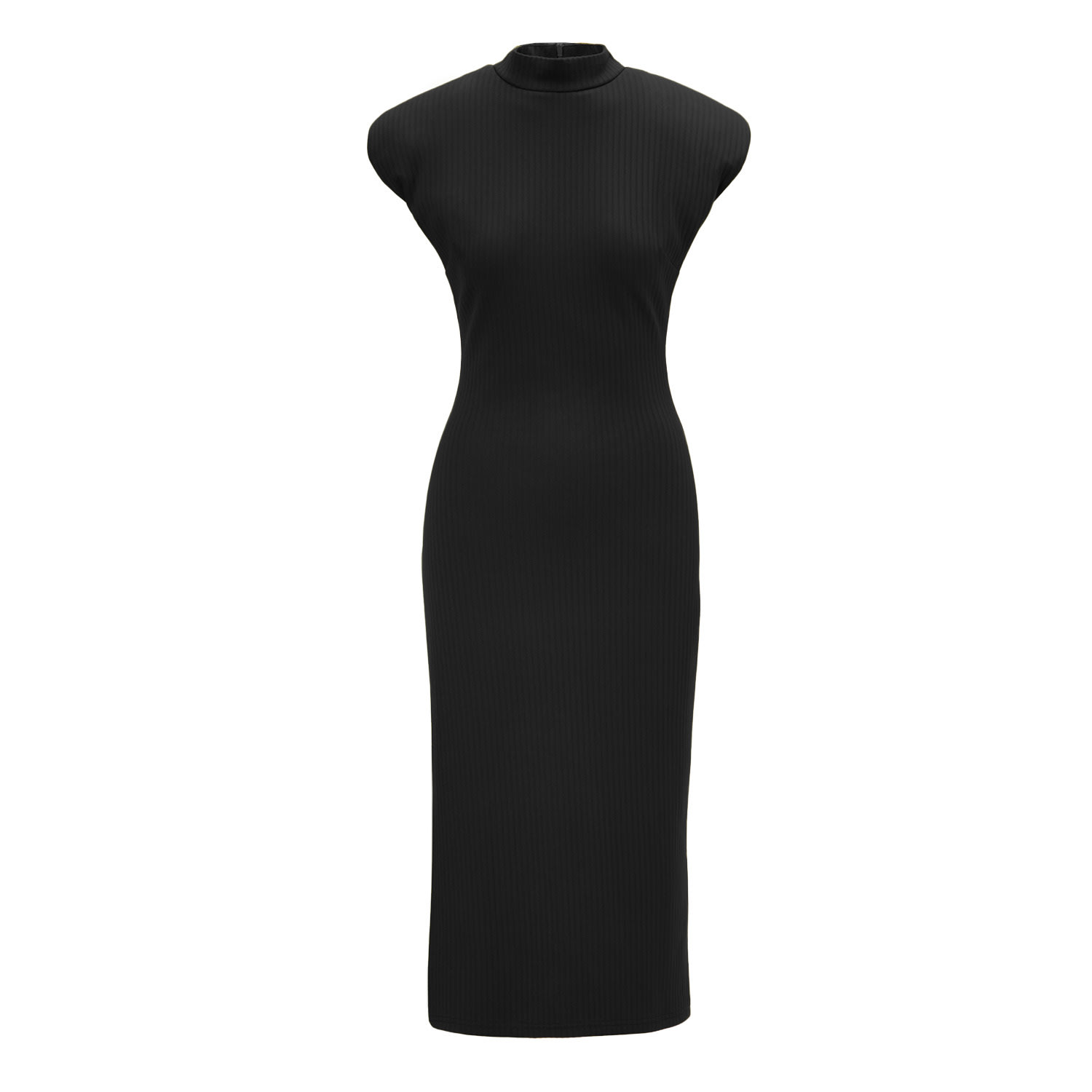 Bluzat Women's Black Midi Dress With Oversized Shoulders And Side Slit In Black