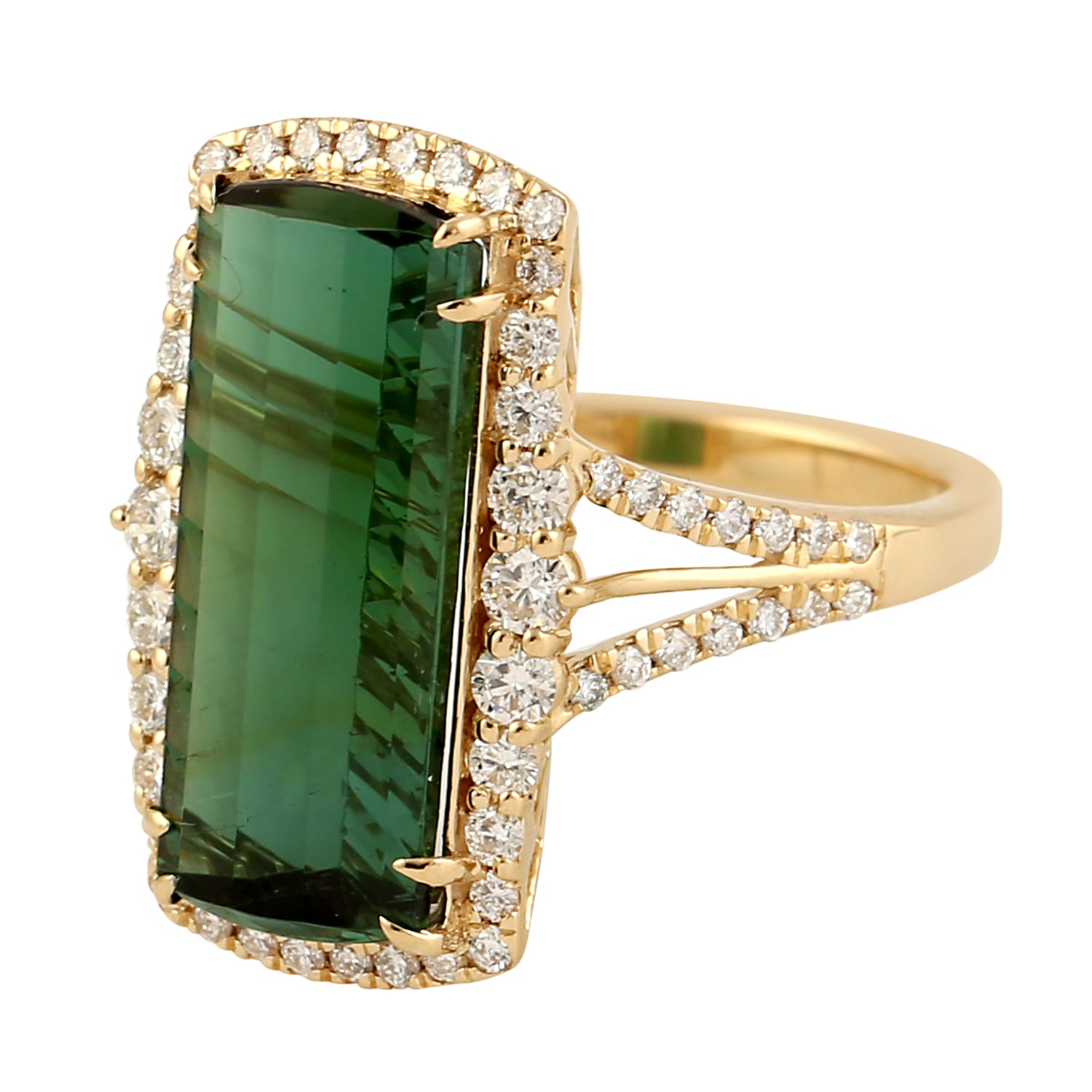 Artisan Women's Green / White 18k Yellow Gold Emerald Cut Tourmaline Pave Diamond Beautiful Cocktail Ring