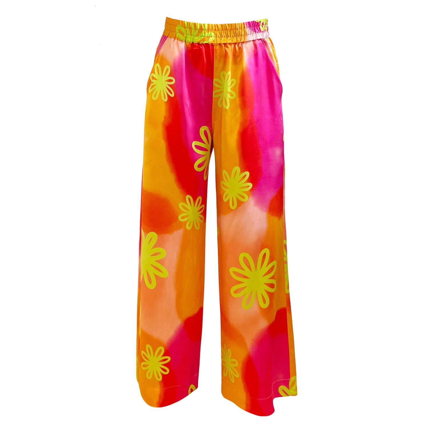 Women’s Yellow / Orange / Pink Watercolor Floral Silk Pajama Pants Medium Roy G.