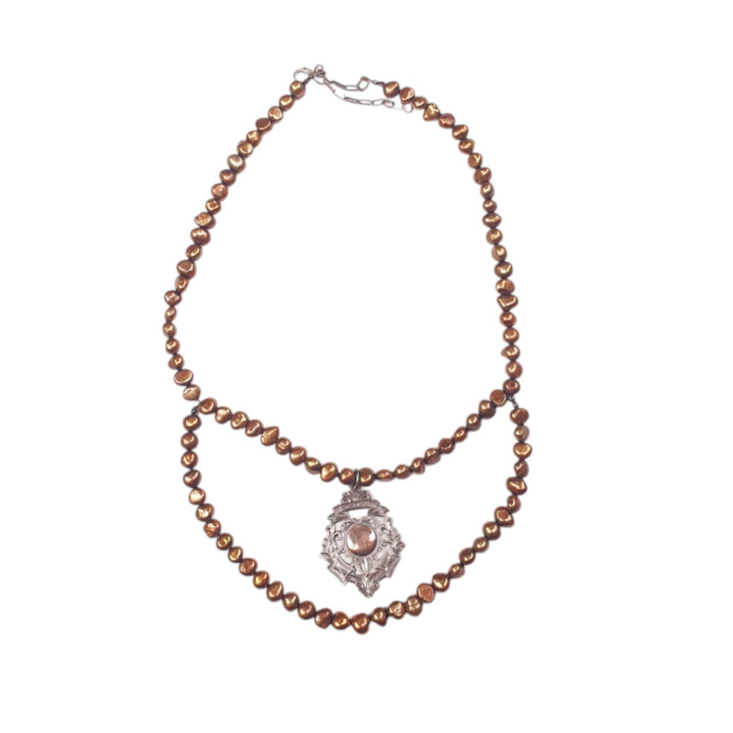 Way To Chic Women's Silver / Brown Bronze Pearl Necklace With Rare Find Sterling Silver Vintage Pendant