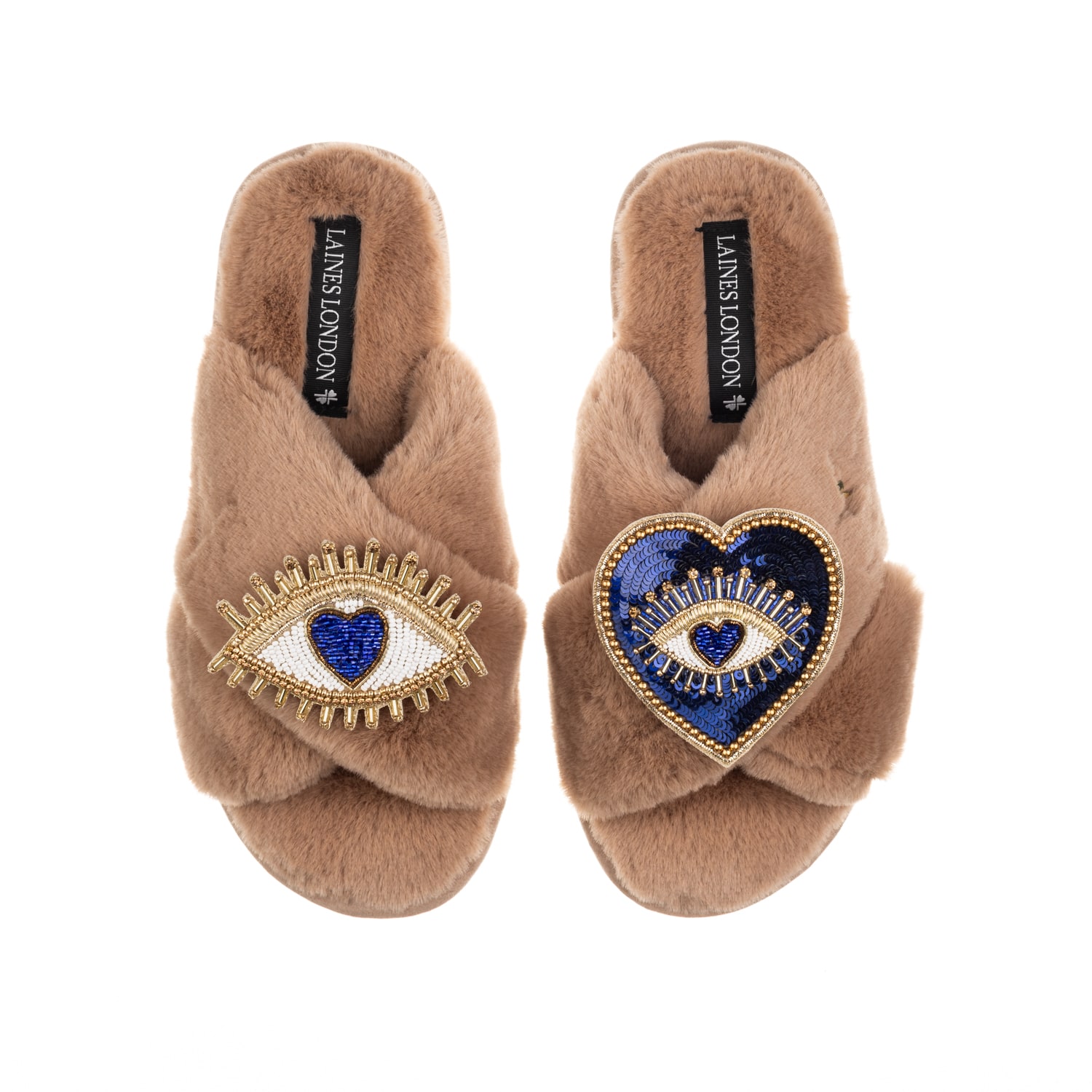 Laines London Women's Brown Classic Laines Slippers With Double Blue Heart & Love Eye Brooches - Toffee In Brown
