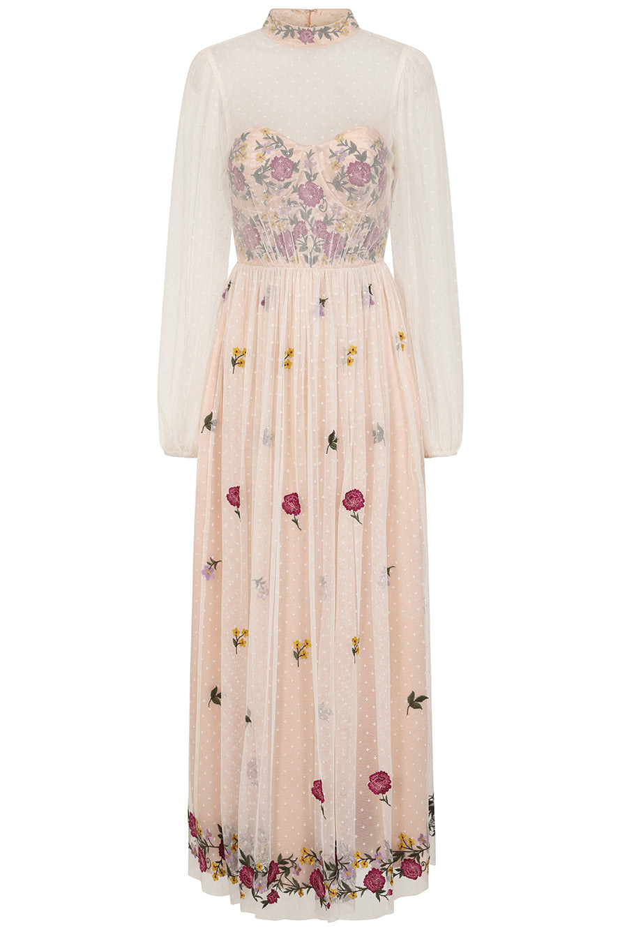 Frock And Frill Women's Neutrals Gaia Champagne Floral Embroidered Maxi Dress In White