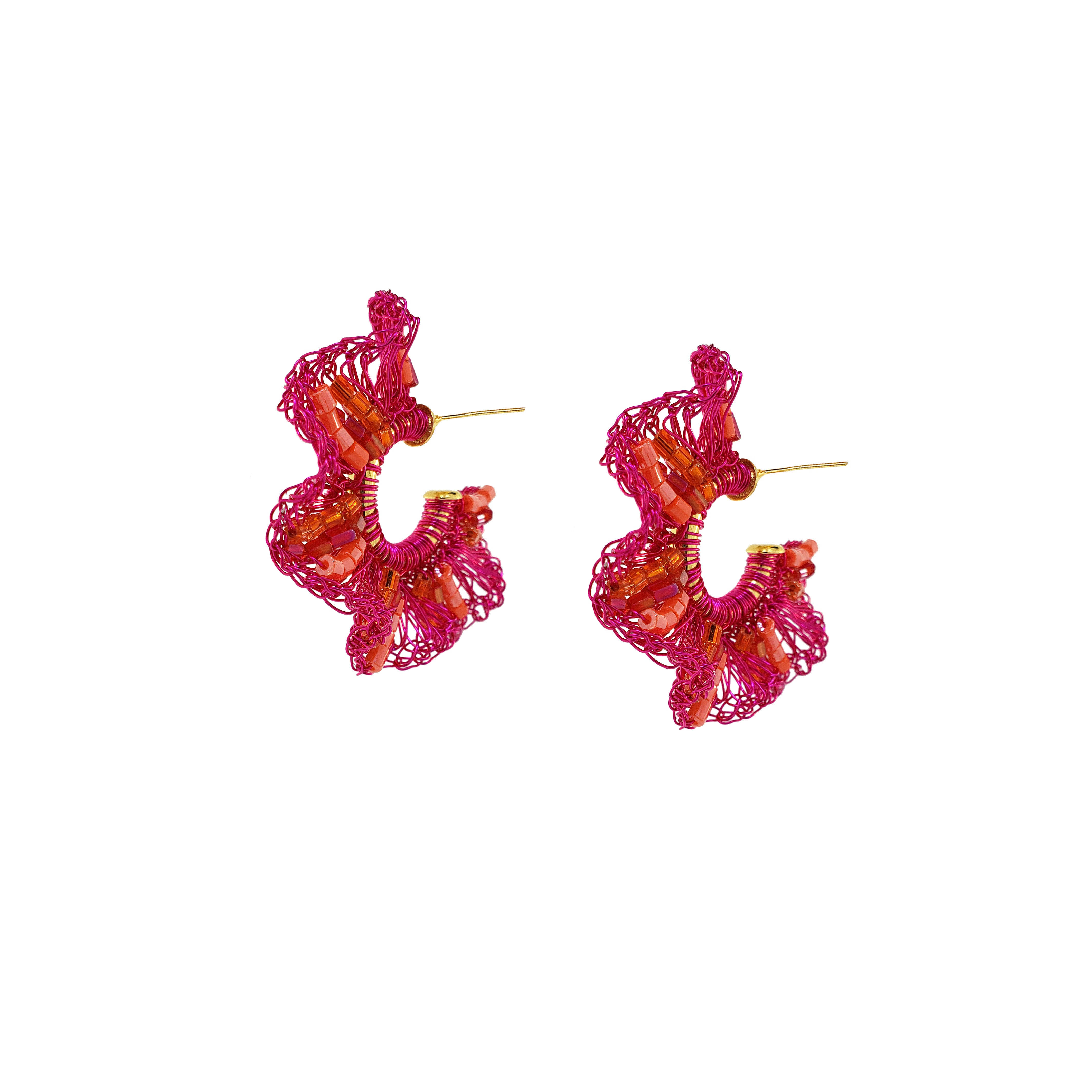 Lavish By Tricia Milaneze Women's Gold / Pink / Purple Neon Fuchsia Mix Gaia Hoops Handmade Crochet Earrings