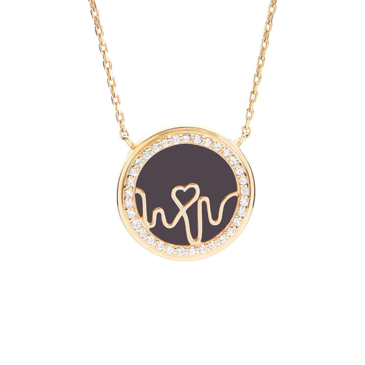Bloomtine | Earth Angel Hq Women's Loves Frequency™ 18k Solid Gold Natural Diamond & Black Onyx Heartbeat Necklace In Black