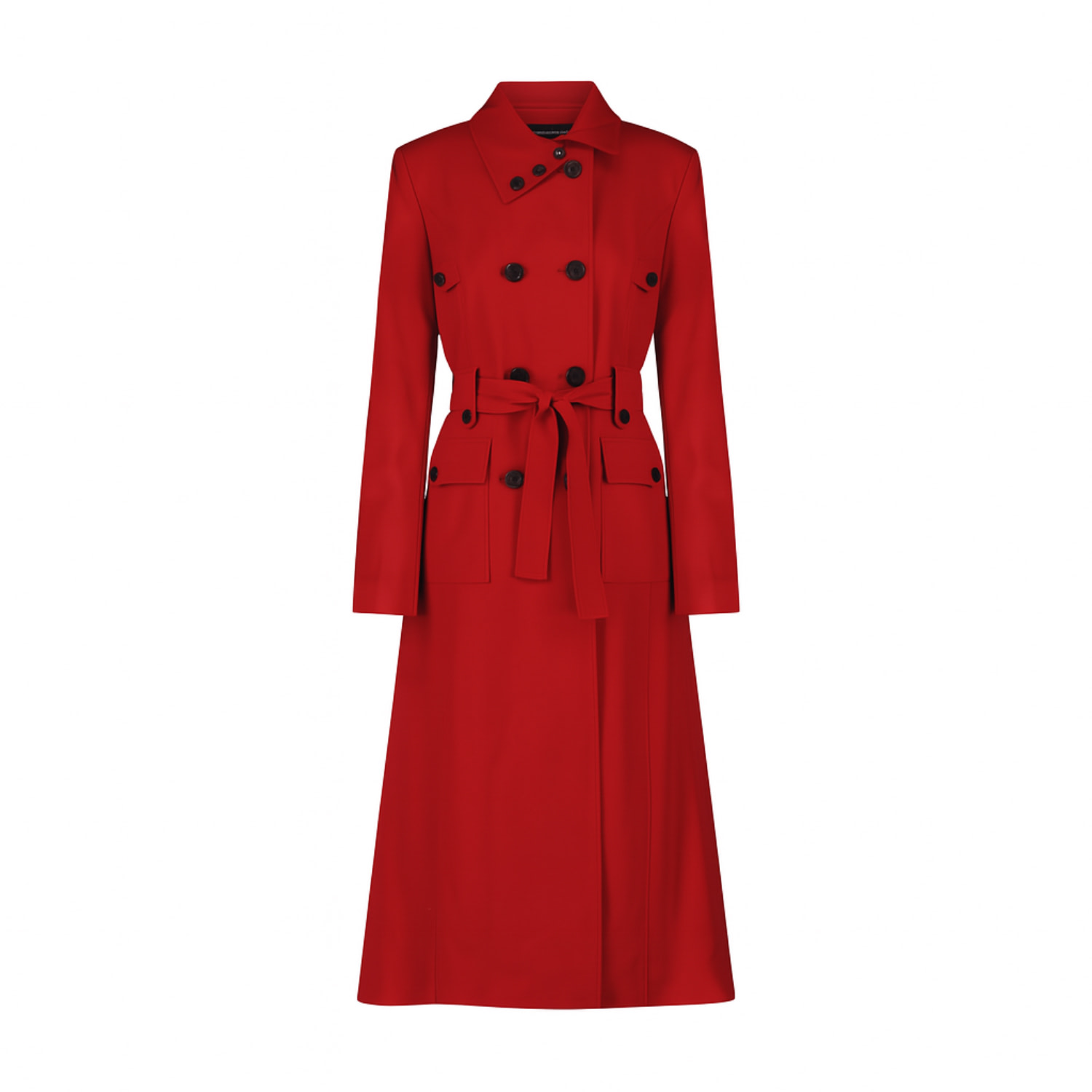 Elizabeth Diamant Women's Red Wool, Double Breasted, Belted Trench Coat With Asymmetrical Collar In Red