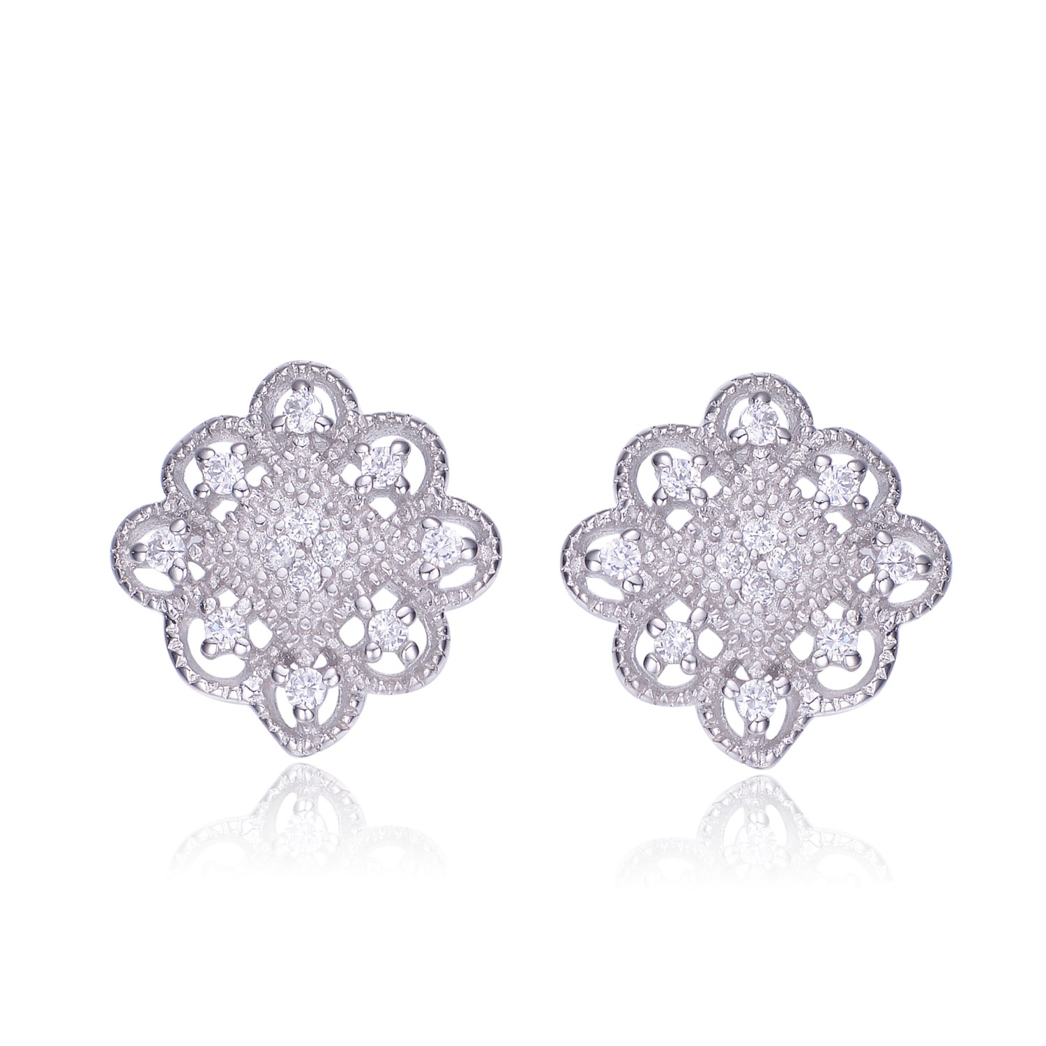 Genevive Jewelry Women's White / Silver Cubic Zirconia Ss White Gold Plated Lace Design Square Shape Earrings In Multi