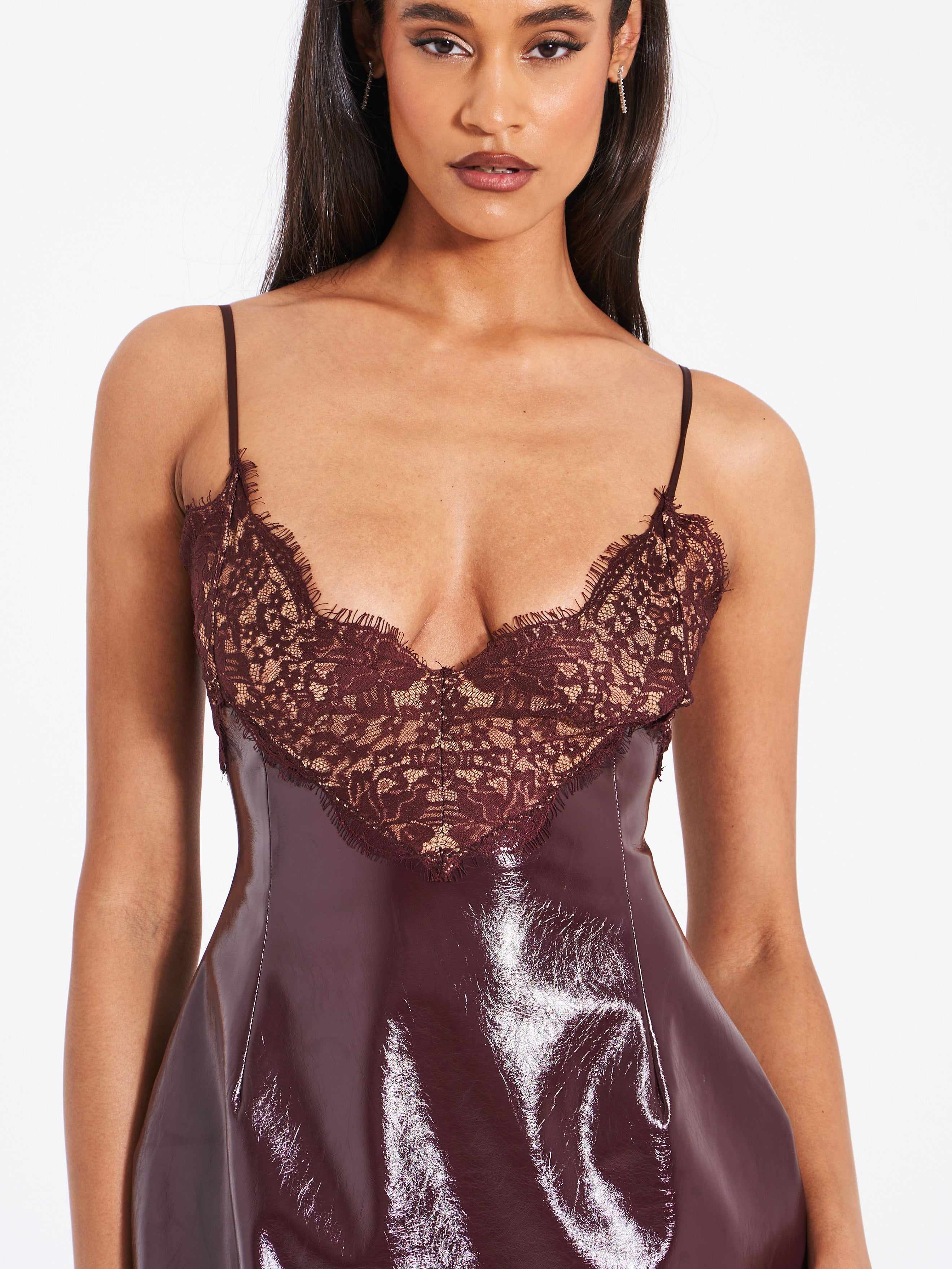 Shelby Dark Brown Vegan Leather With Lace Mini Dress | Miss Circle