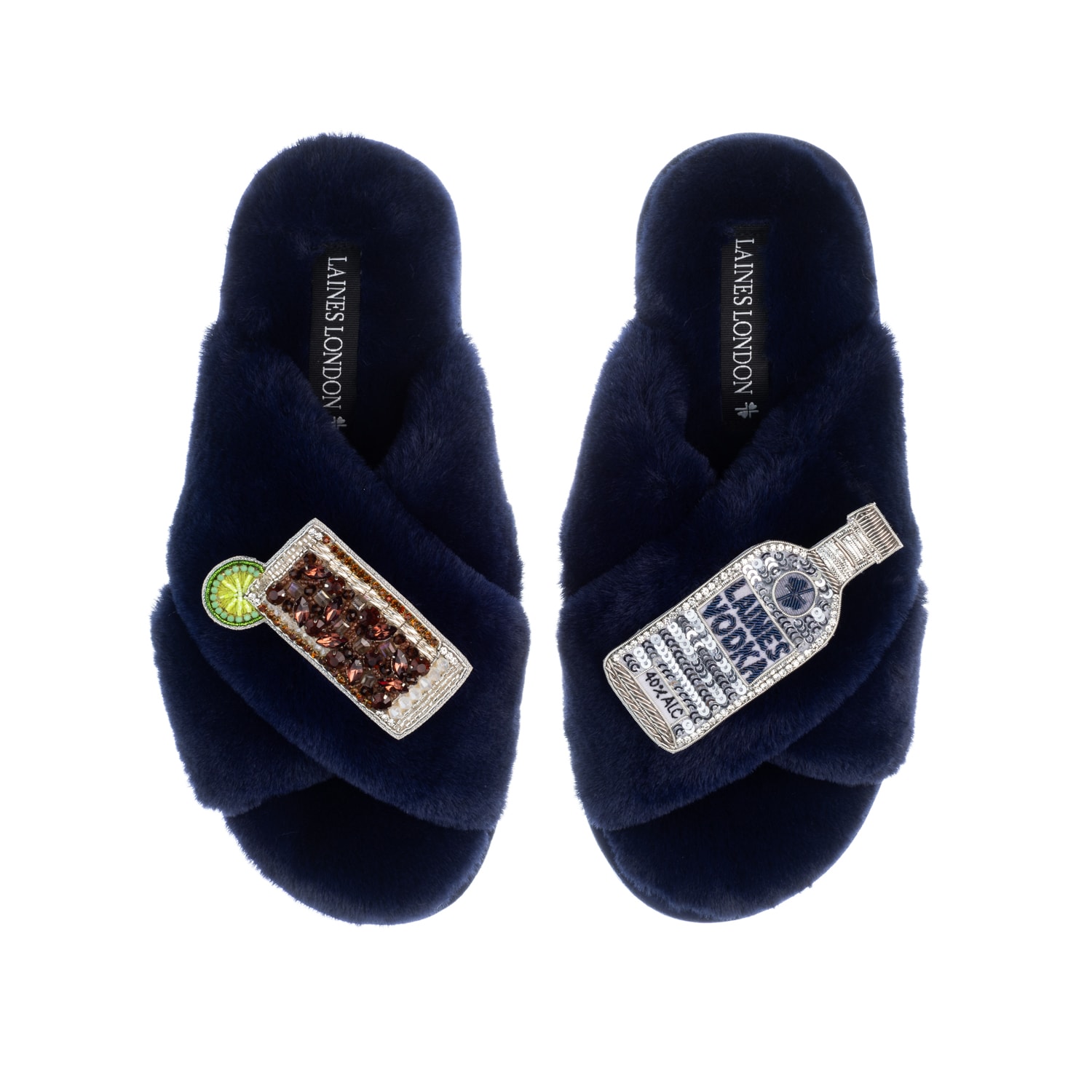 Laines London Women's Blue Classic Laines Slippers With Vodka & Coke Brooches - Navy In Blue