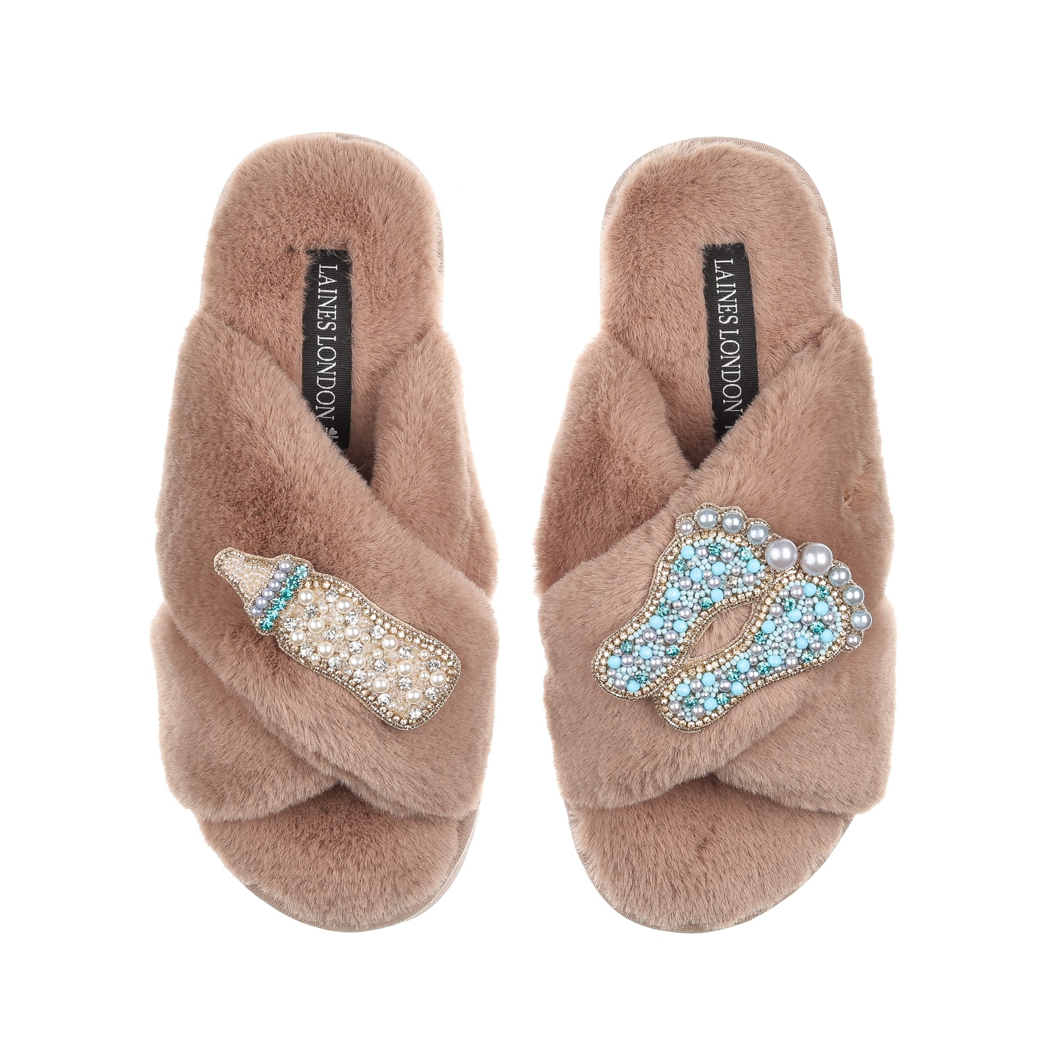 Women's Brown Classic Laines Slippers With New Baby Boy Brooches - Toffee | Large | Laines London