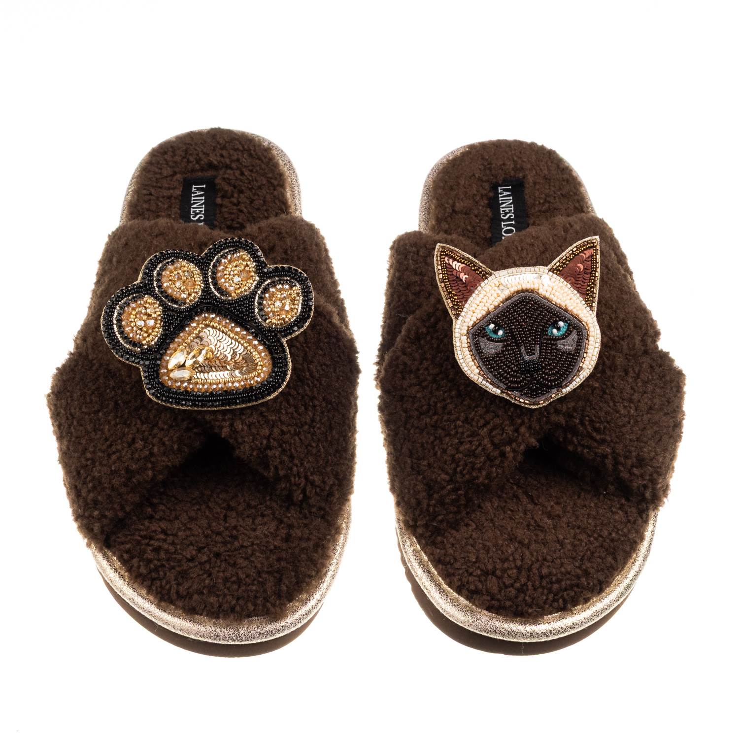 Laines London Women's Brown / Neutrals Boucle Slippers With Paw & Siamese Cat Brooches - Chocolate In Brown