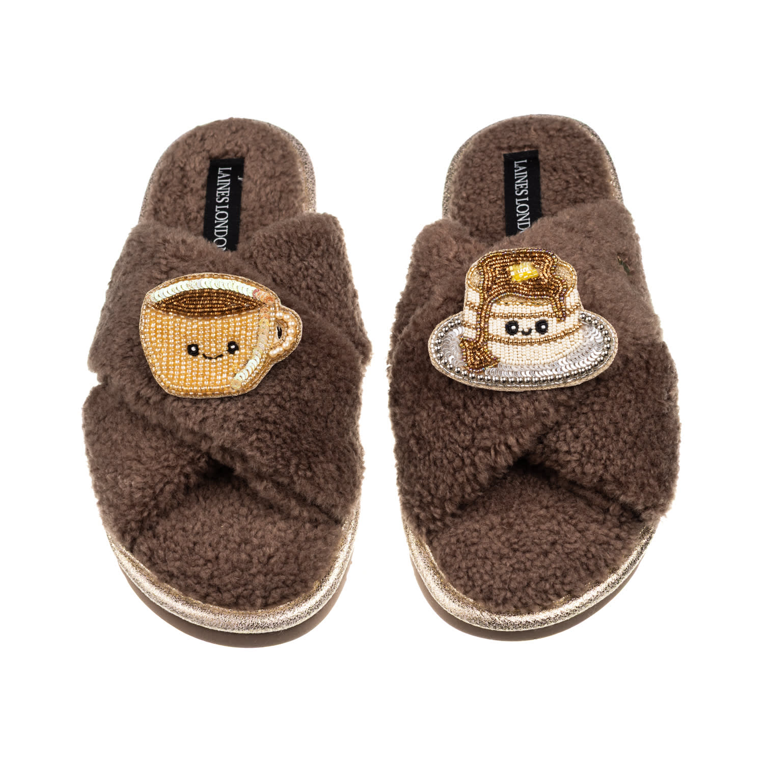 Laines London Women's Brown / Neutrals Laines Boucle Slippers With Laines Loveables Coffee & Pancake Brooches - Mi