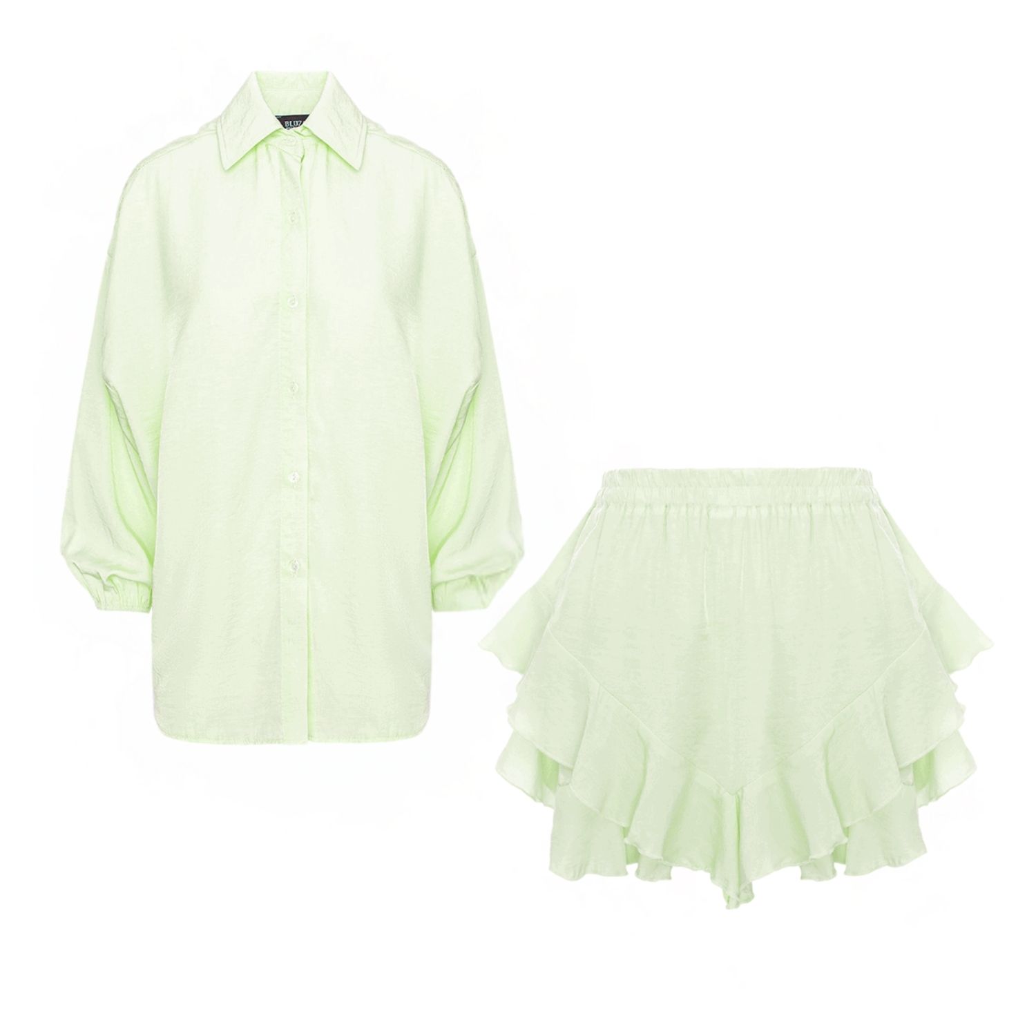 Bluzat Mint Green Balloon Sleeve Shirt And Ruffled Shorts Set In Green