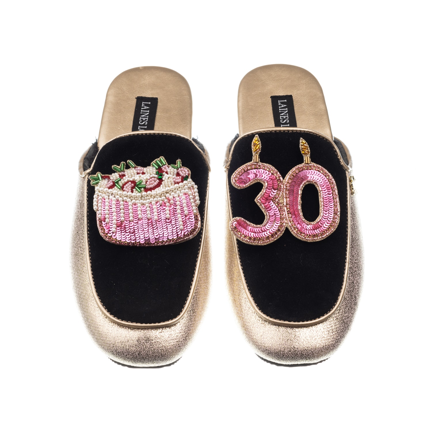 Women’s Gold / Black Classic Mules With 30Th Birthday & Cake Brooches - Black & Gold Medium Laines London