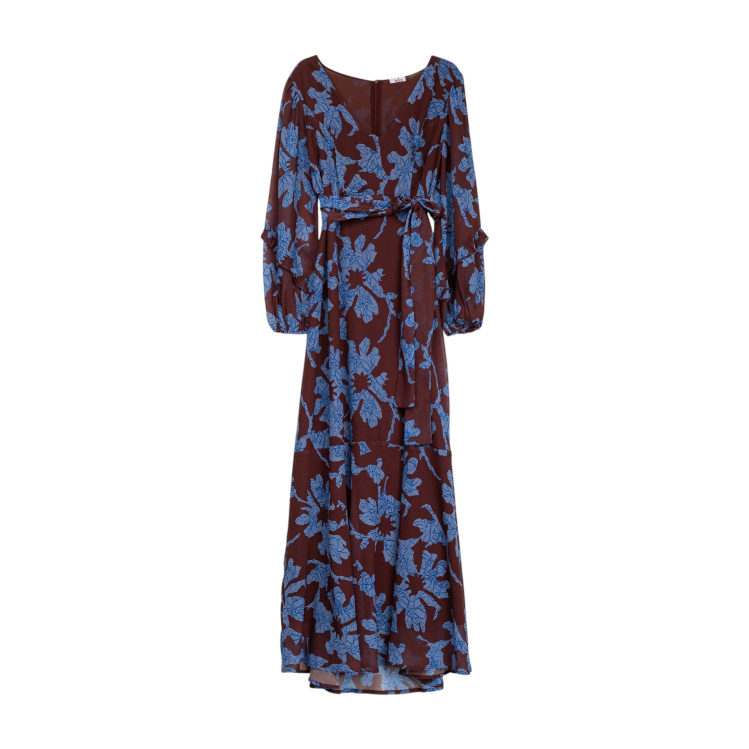 Niza Women's Long Brown Dress With Blue Floral Print