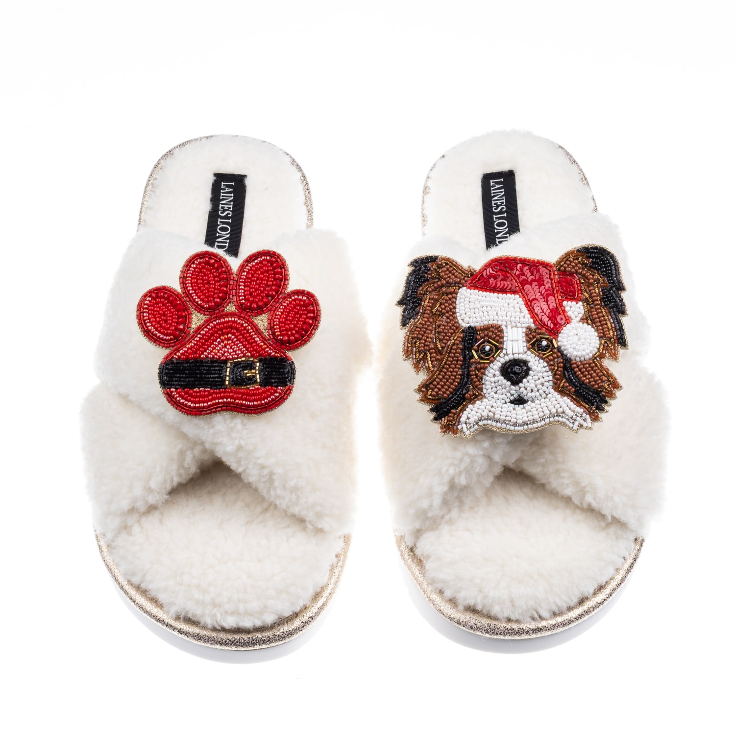 Laines London Women's Neutrals / White Laines Boucle Slippers With Christmas Papillon & Paw Brooches - Cream In White