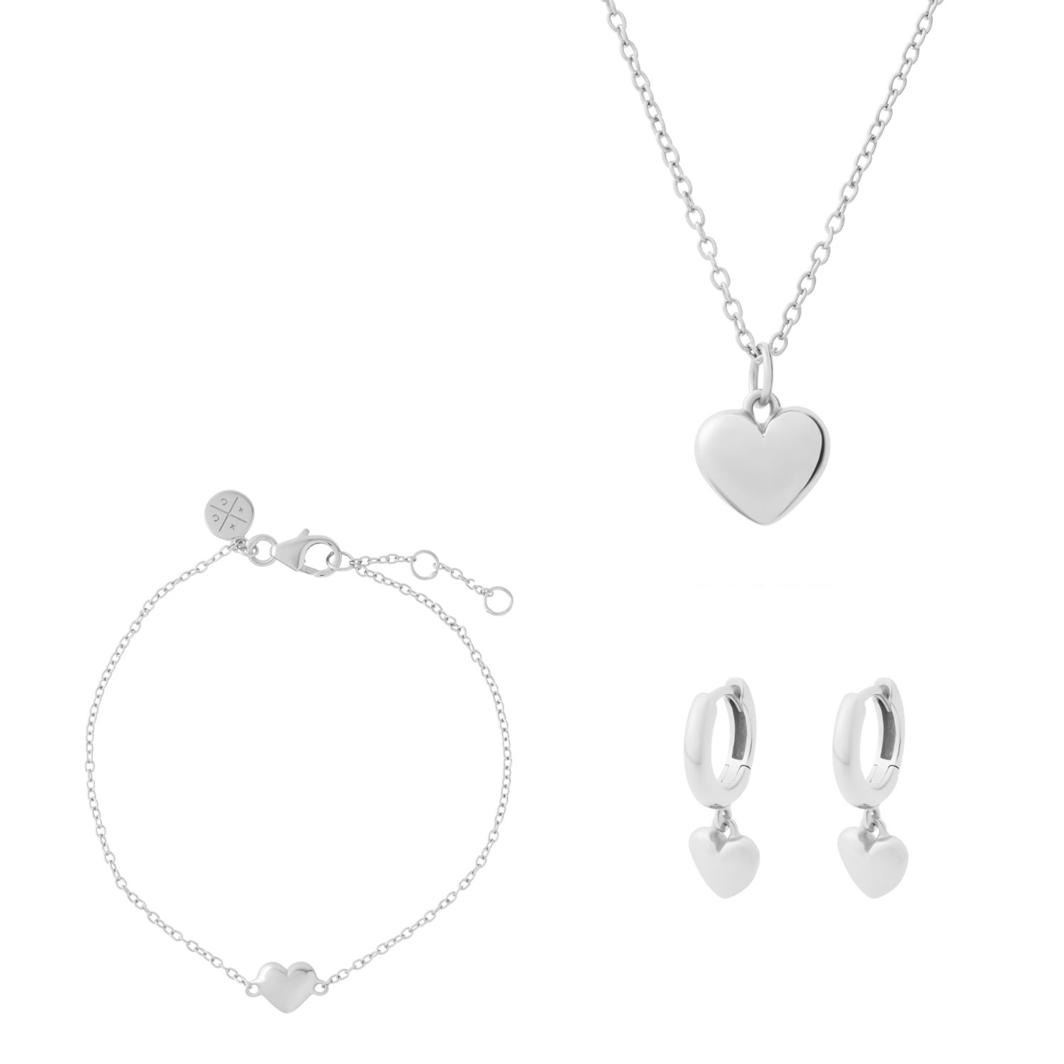 Women’s Puffed Heart Necklace, Bracelet And Huggies Silver Cartilage Cartel