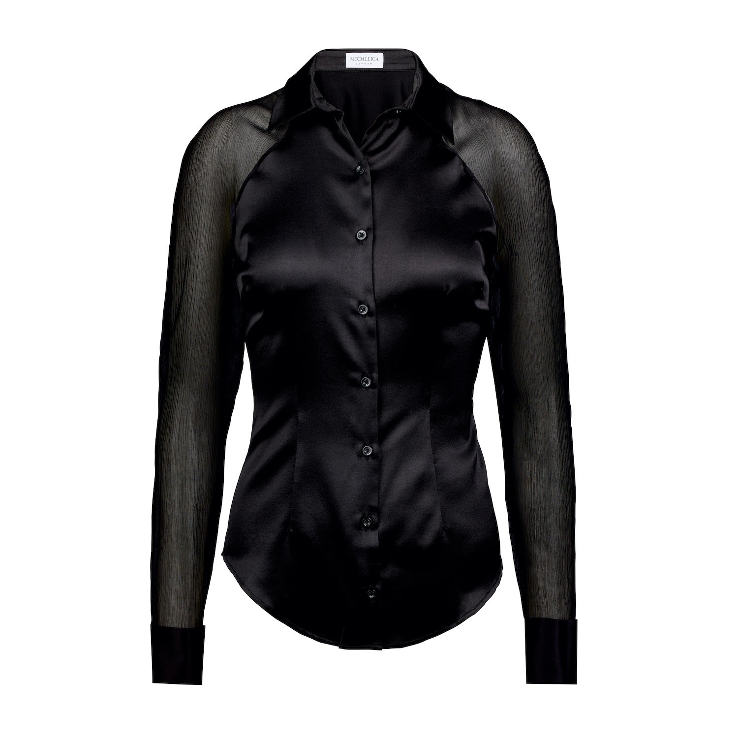 Modallica Women's Taylor - Black Peace Silk Fitted Shirt With Transparent Sleeves
