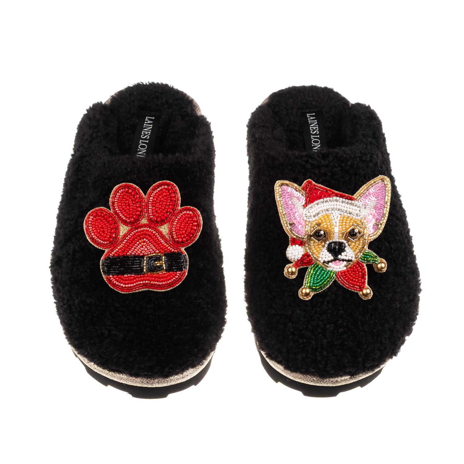Laines London Women's Teddy Closed Toe Slippers With Christmas Chihuahua & Paw Brooches - Black In Black