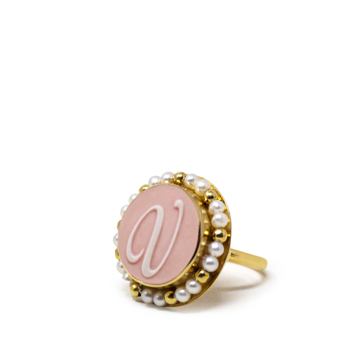 Vintouch Italy Women's Gold / Pink / Purple Gold Vermeil Pink Cameo Pearl Ring Initial V In Burgundy