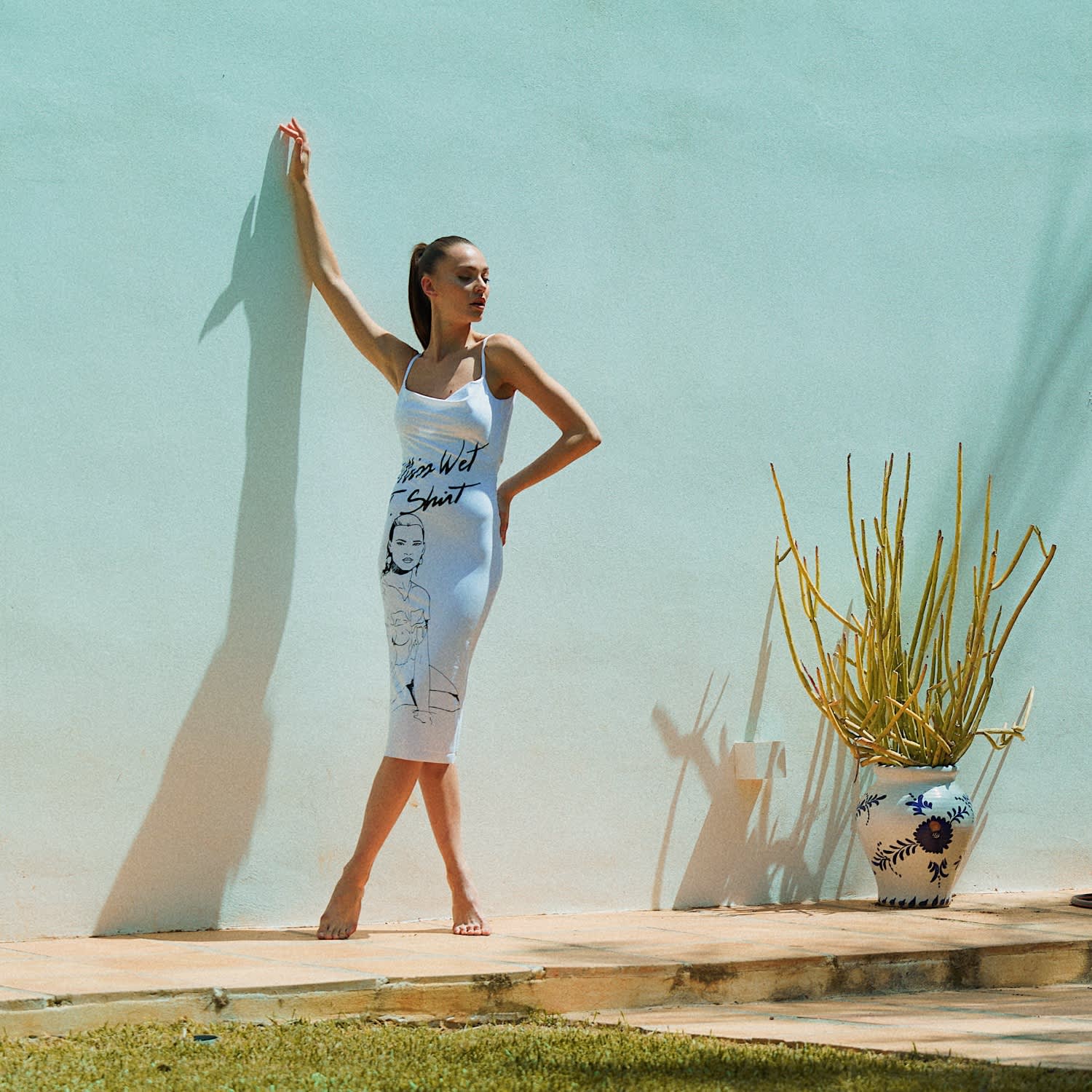White Printed Sleeveless Evening Sheath Dress - Miss Wet T-Shirt | Brenda  Agradi | Wolf & Badger