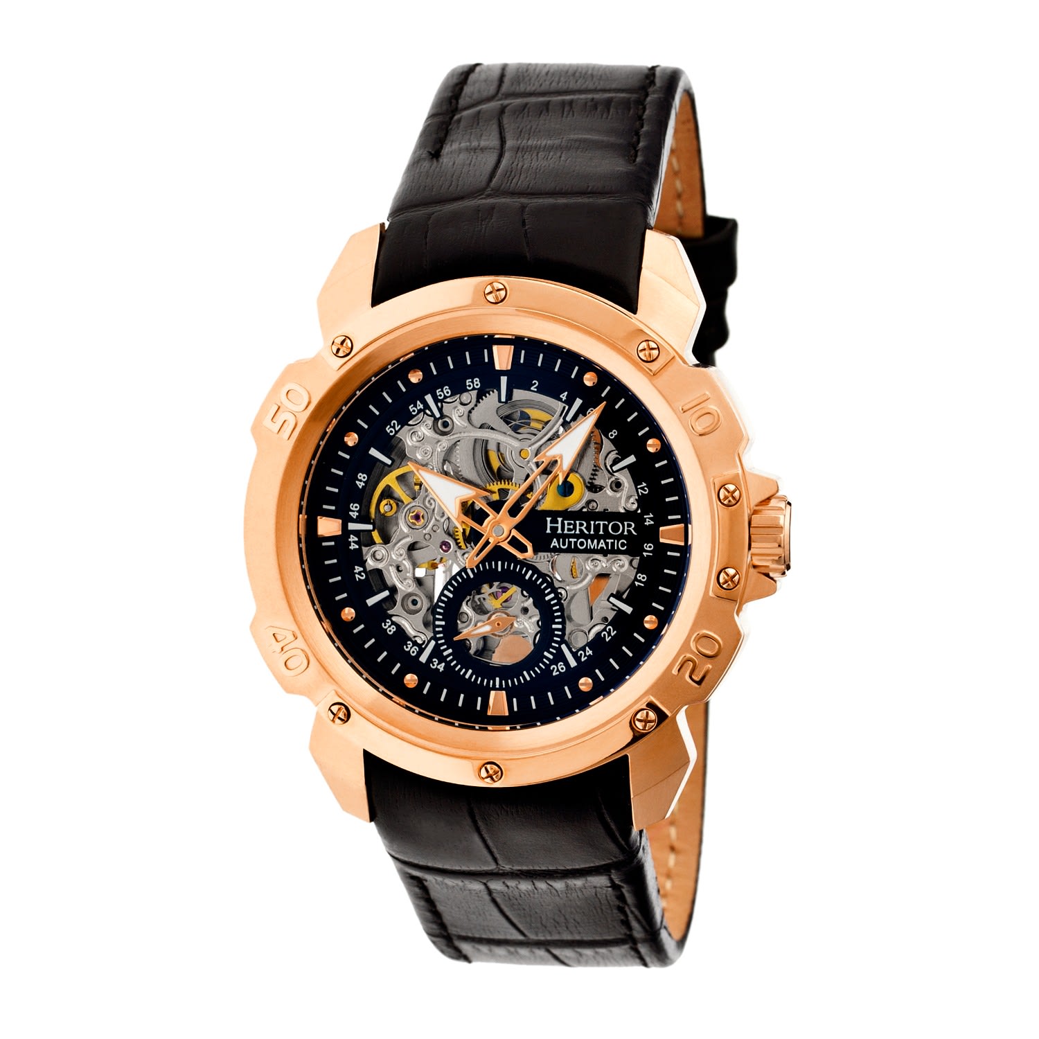 Heritor Automatic Men's Black / Rose Gold Conrad Leather-band Skeleton Watch With Seconds Sub-dial - Black, Rose Gold In Black/rose Gold