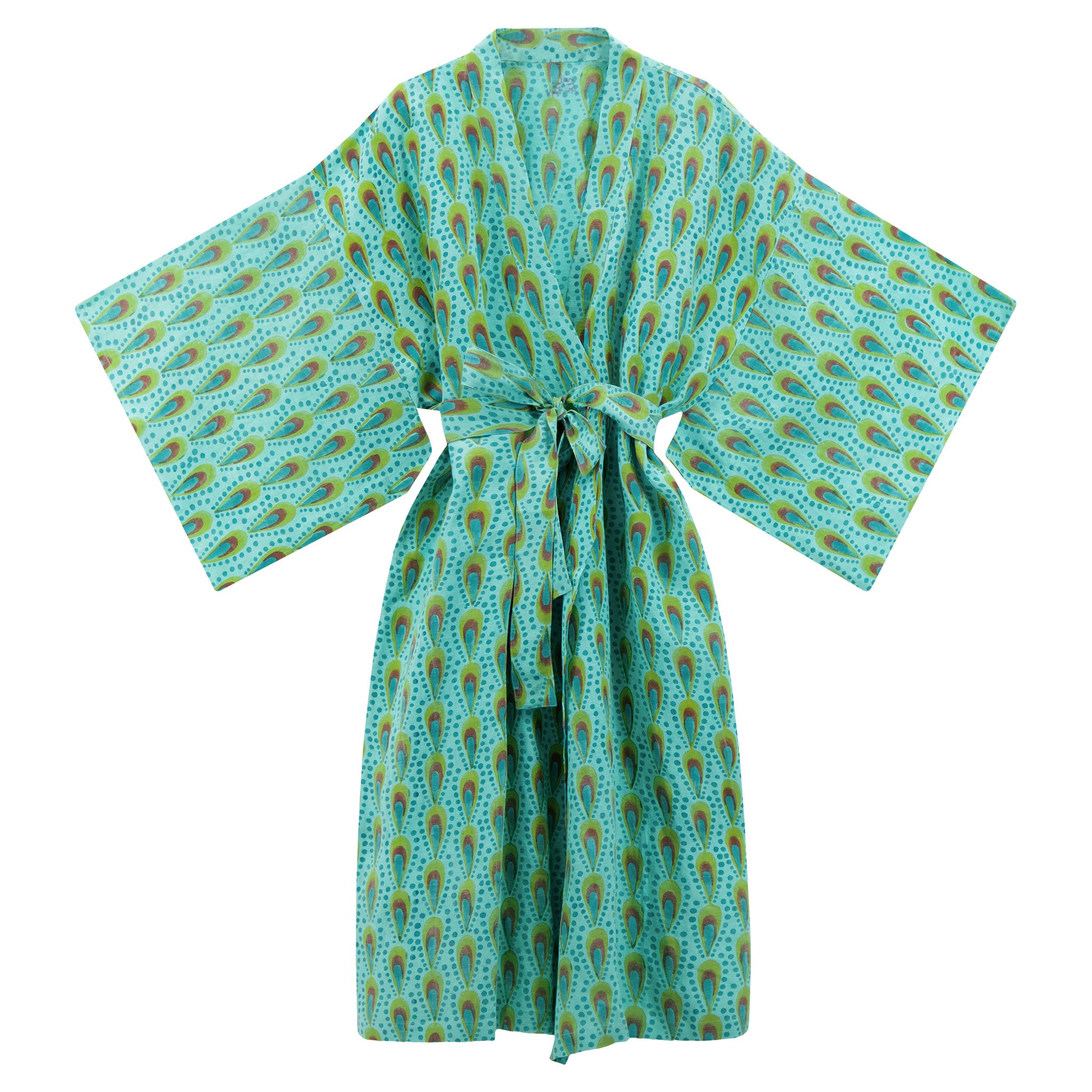 Kate Austin Designs Women's Green / Blue Maxi Lena Organic Linen Long Lounge Kimono Robe With Obi Belt Tie And Hidden Sl