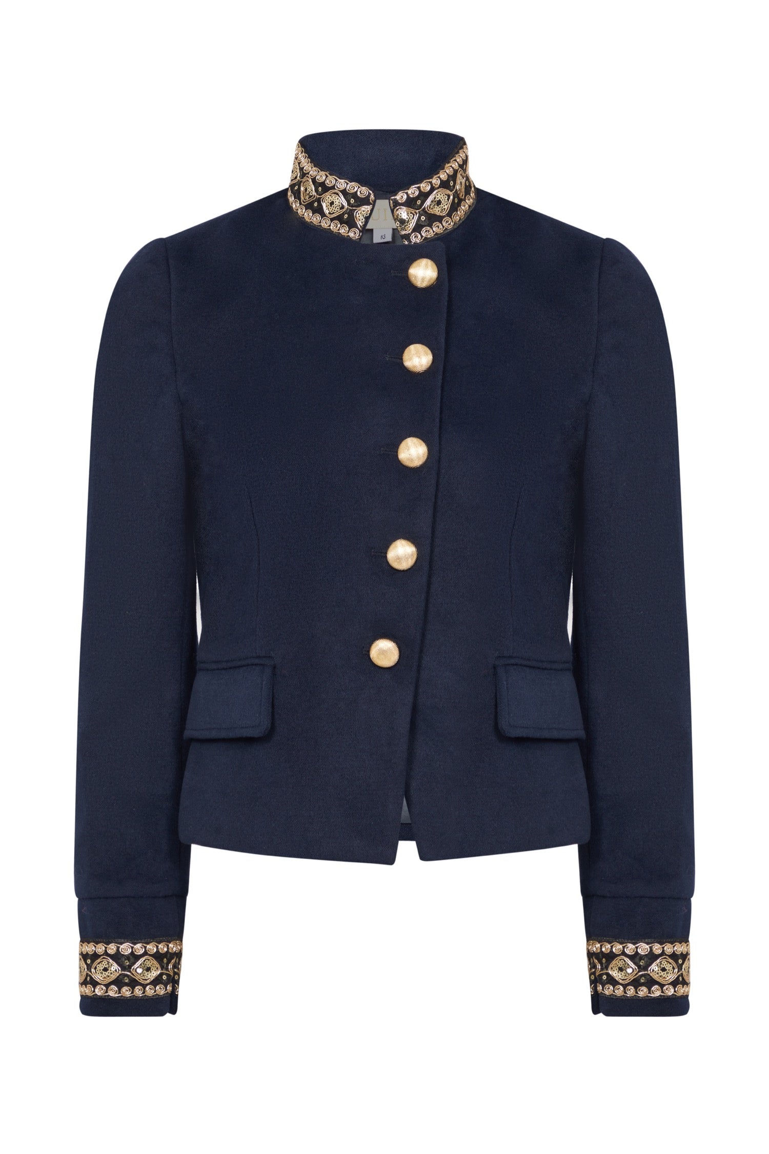 Women's Gold / Blue Navy Military Jacket With Gold Sequin Braid Details | Small | Guinea