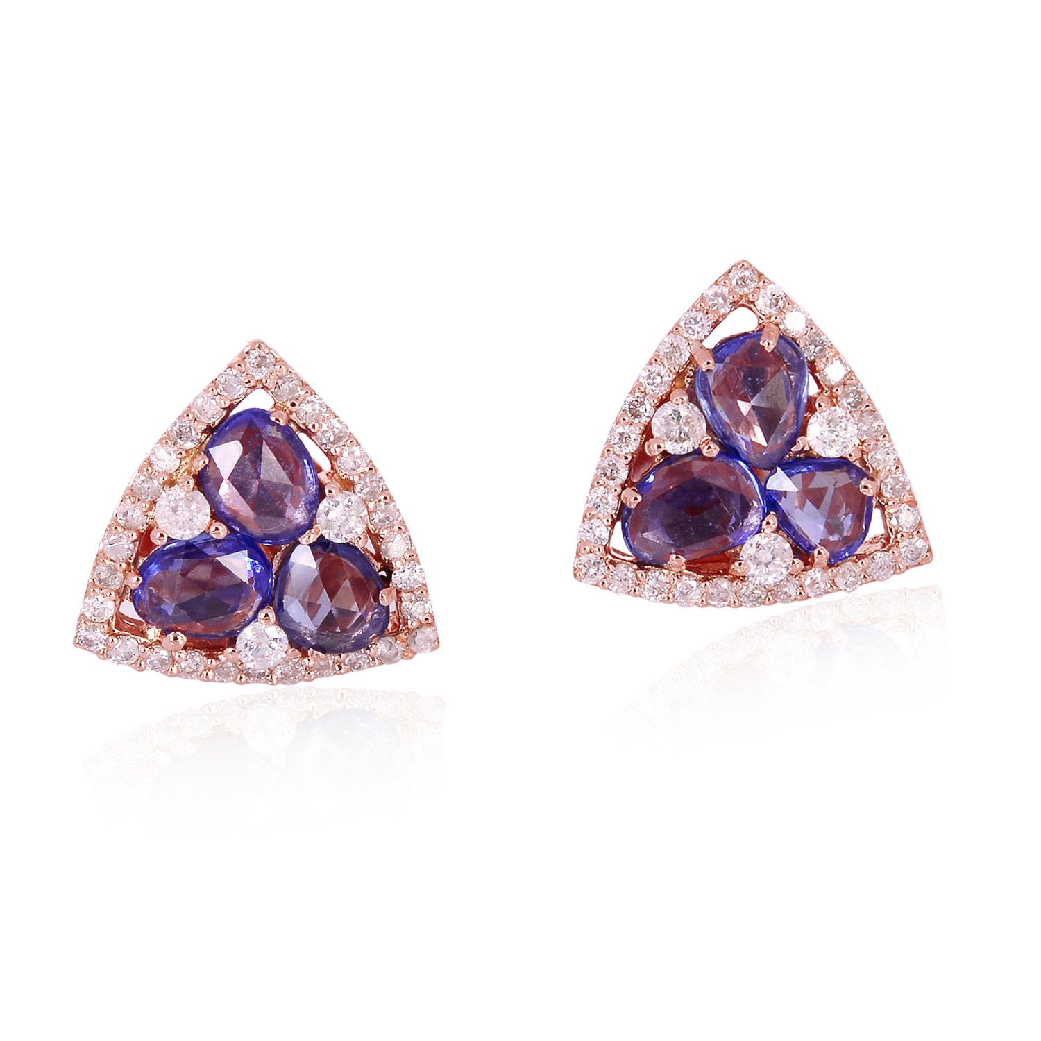 Artisan Women's Blue / White / Rose Gold Blue Sapphire Triangle Stud Earrings In Rose Gold – Pave Diamond Ge In Multi