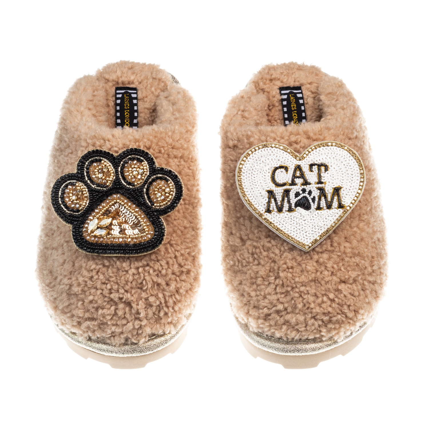 Laines London Women's Brown Teddy Closed Toe Slippers With Paw & Cat Mum / Mom Brooches - Toffee