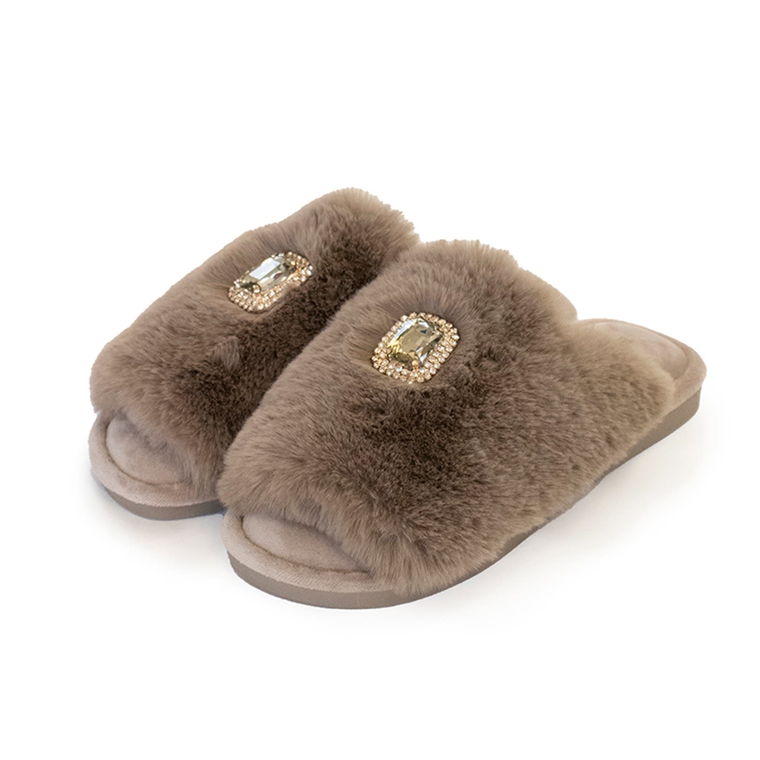 Women’s Brown Embelished Faux Fur Slider Slipper Fifi In Truffle Large Pretty You