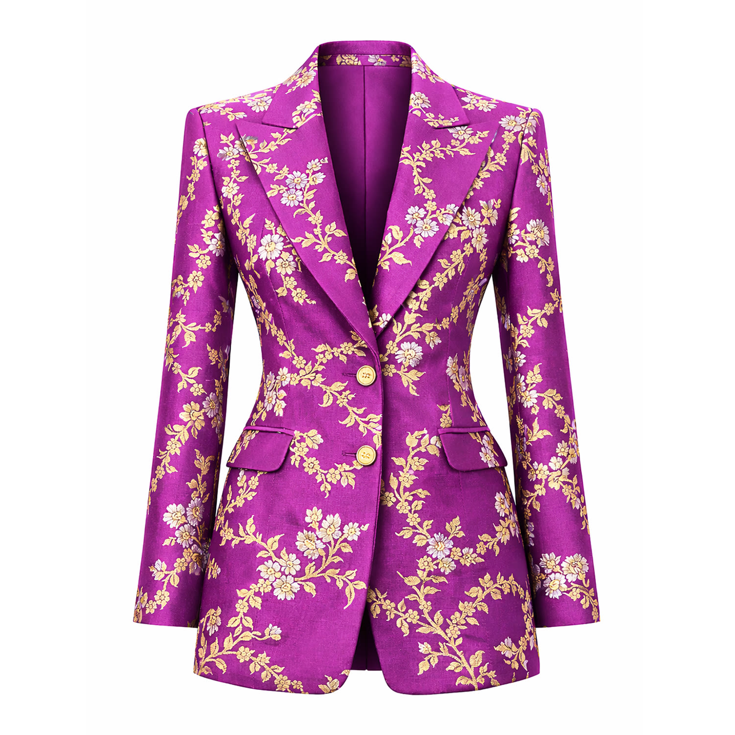 Richa Sharma Women's Purple / Gold / Silver Luxury Handcrafted Amethyst Silk Brocade Blazer With Gold Floral Deta