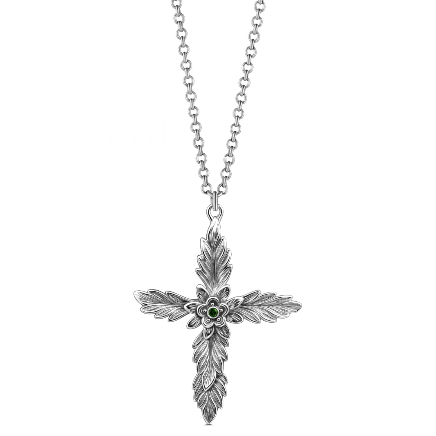 Unaloe Silver / Green Cross Amen Necklace In Sterling Silver With Natural Emerald - Elegant Jewelry For Wom In Multi